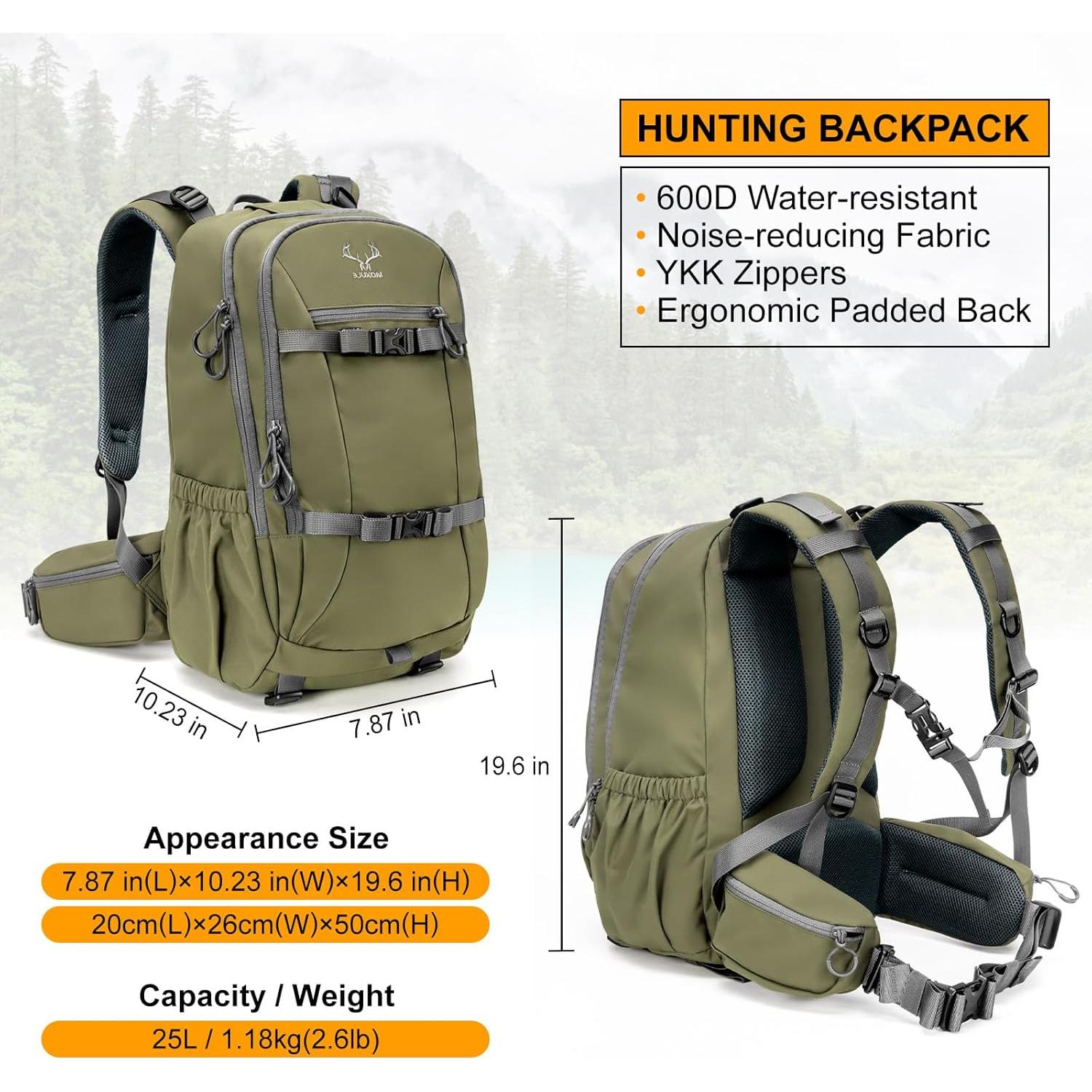 Mochila de Caza Impermeable MOXULE 25L Verde con Funda