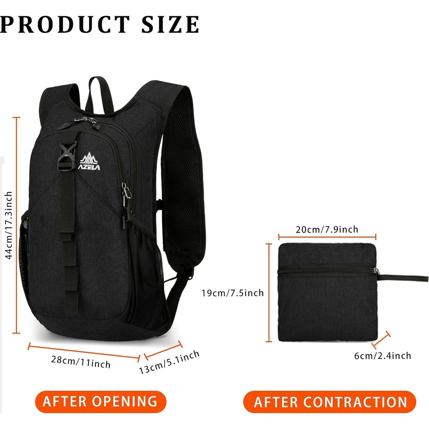 Mochila de Senderismo Plegable 15L Unisex Negra - Ultraligera