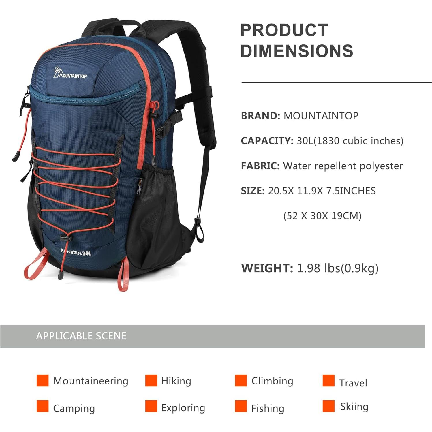 Mochila de Senderismo MOUNTAINTOP 30L Ligera y Ergonómica
