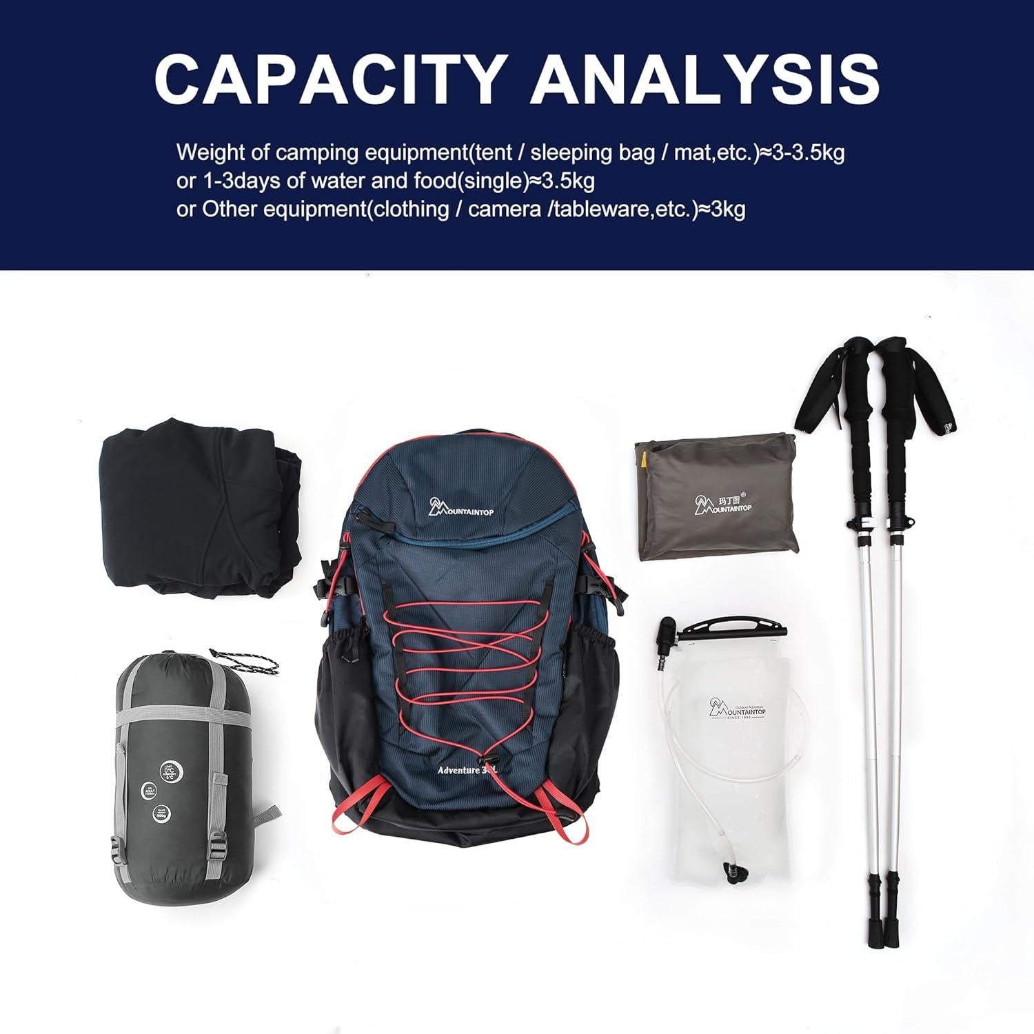 Mochila de Senderismo MOUNTAINTOP 30L Ligera y Ergonómica