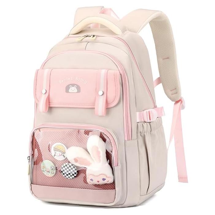 Mochila Escolar Kawaii Rosa Etaishow con Bolsillo Transparente
