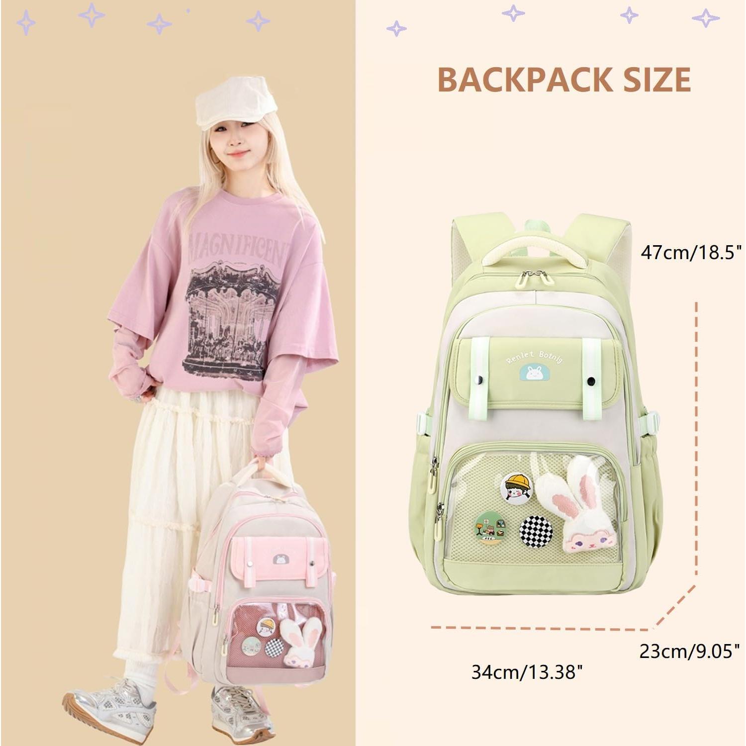 Mochila Escolar Kawaii Rosa Etaishow con Bolsillo Transparente