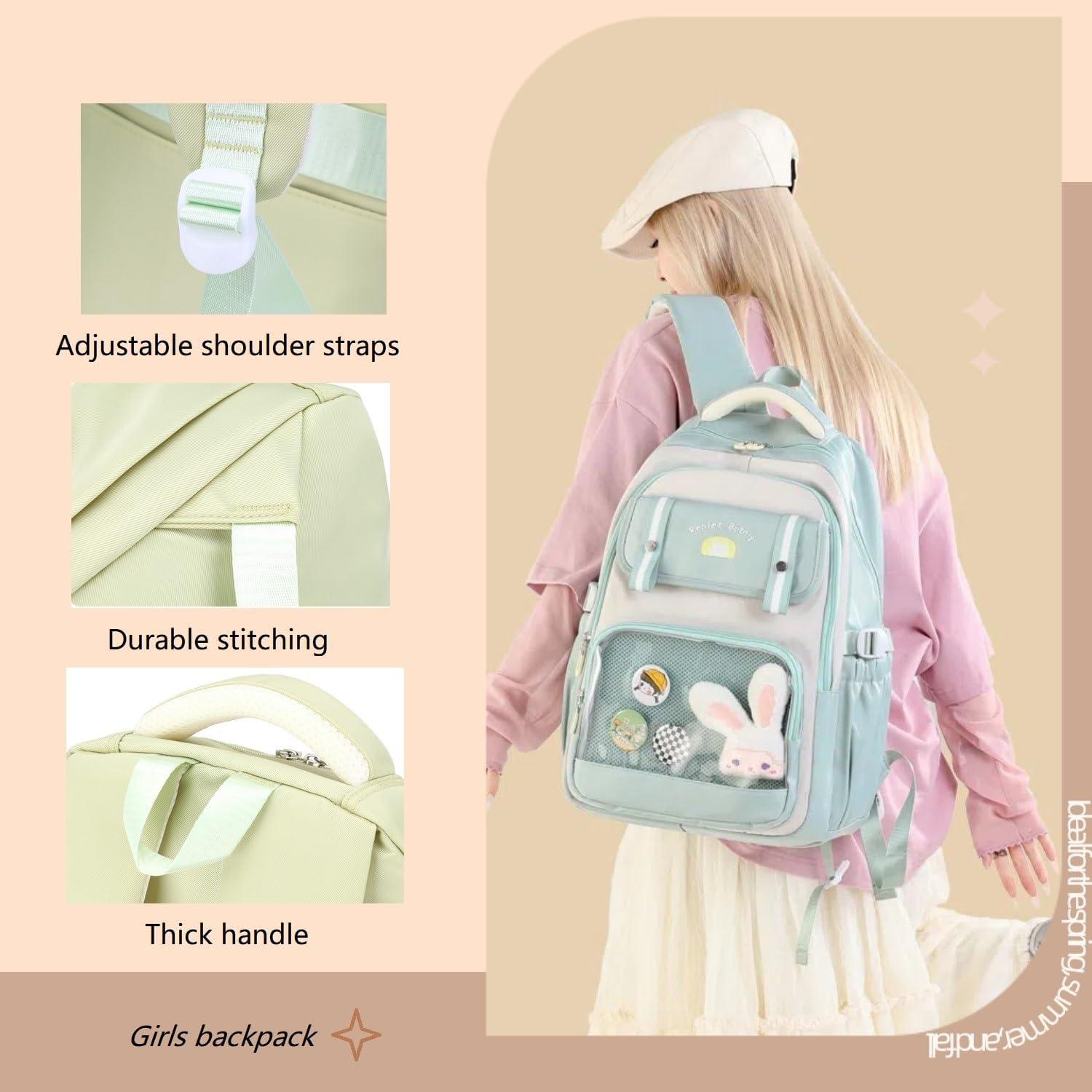 Mochila Escolar Kawaii Rosa Etaishow con Bolsillo Transparente