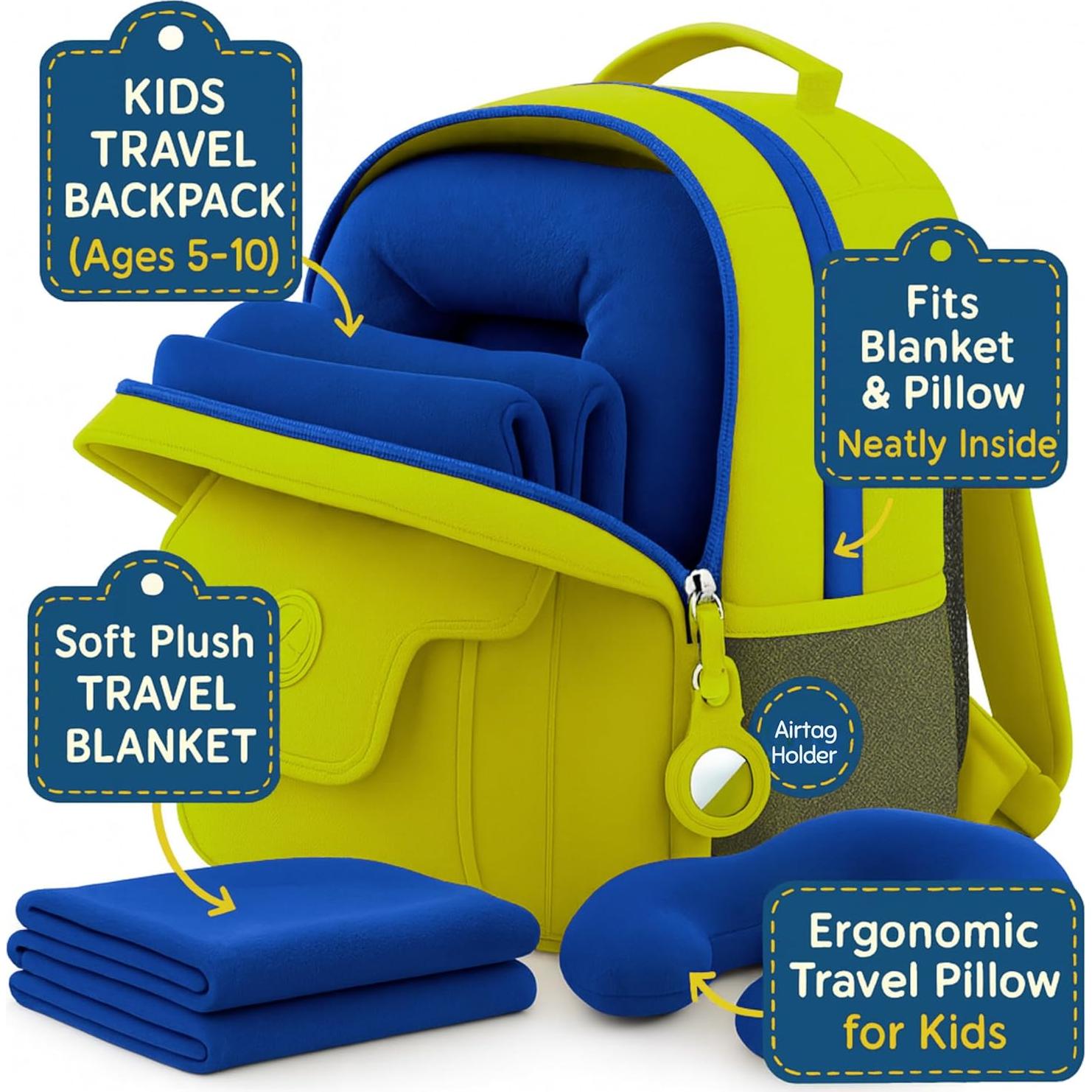 Mochila de Viaje para Niños 3 en 1 Verde Lima con Almohada y Manta