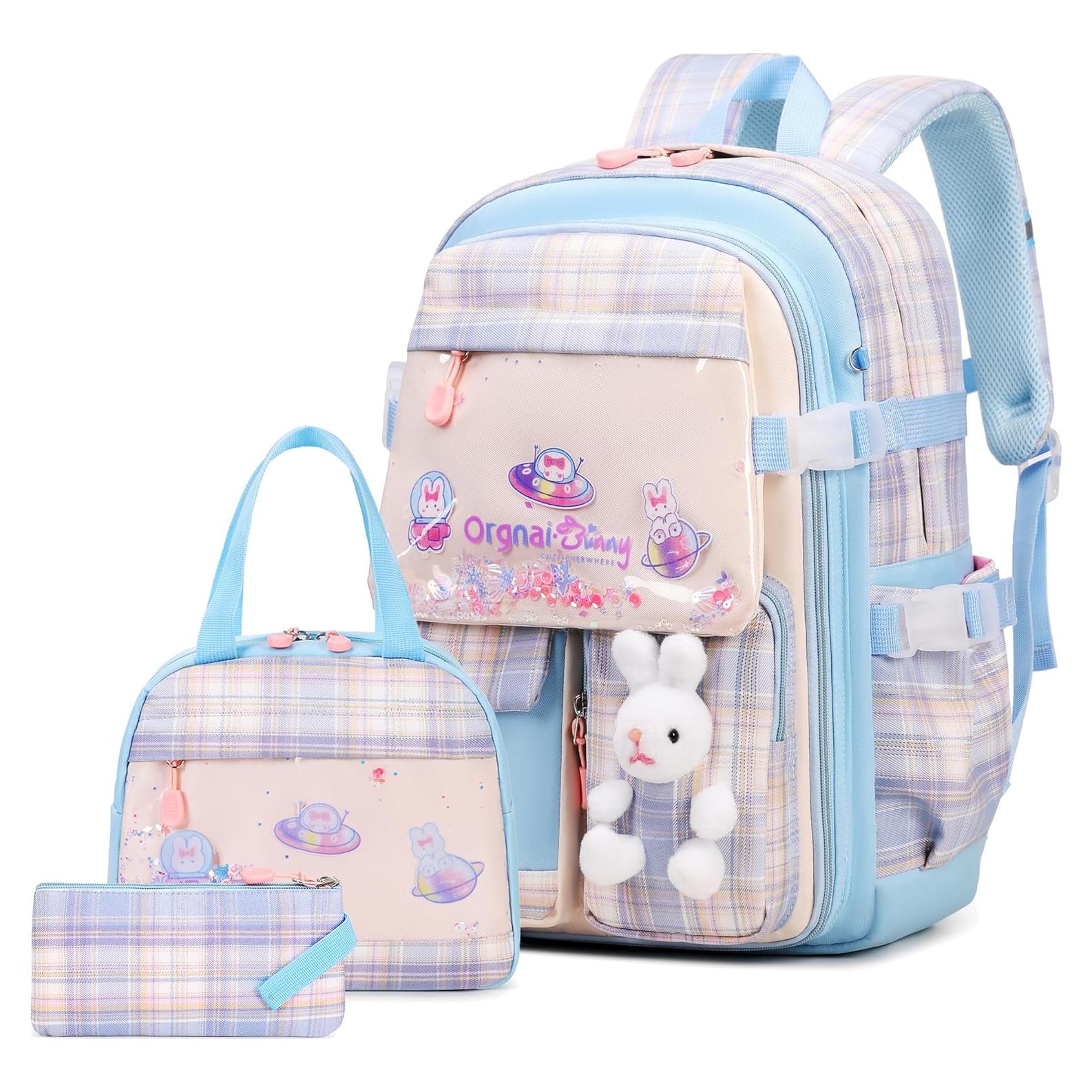 Mochila Escolar Kawaii Conejo Niñas 3PCS con Estuche y Almuerzo