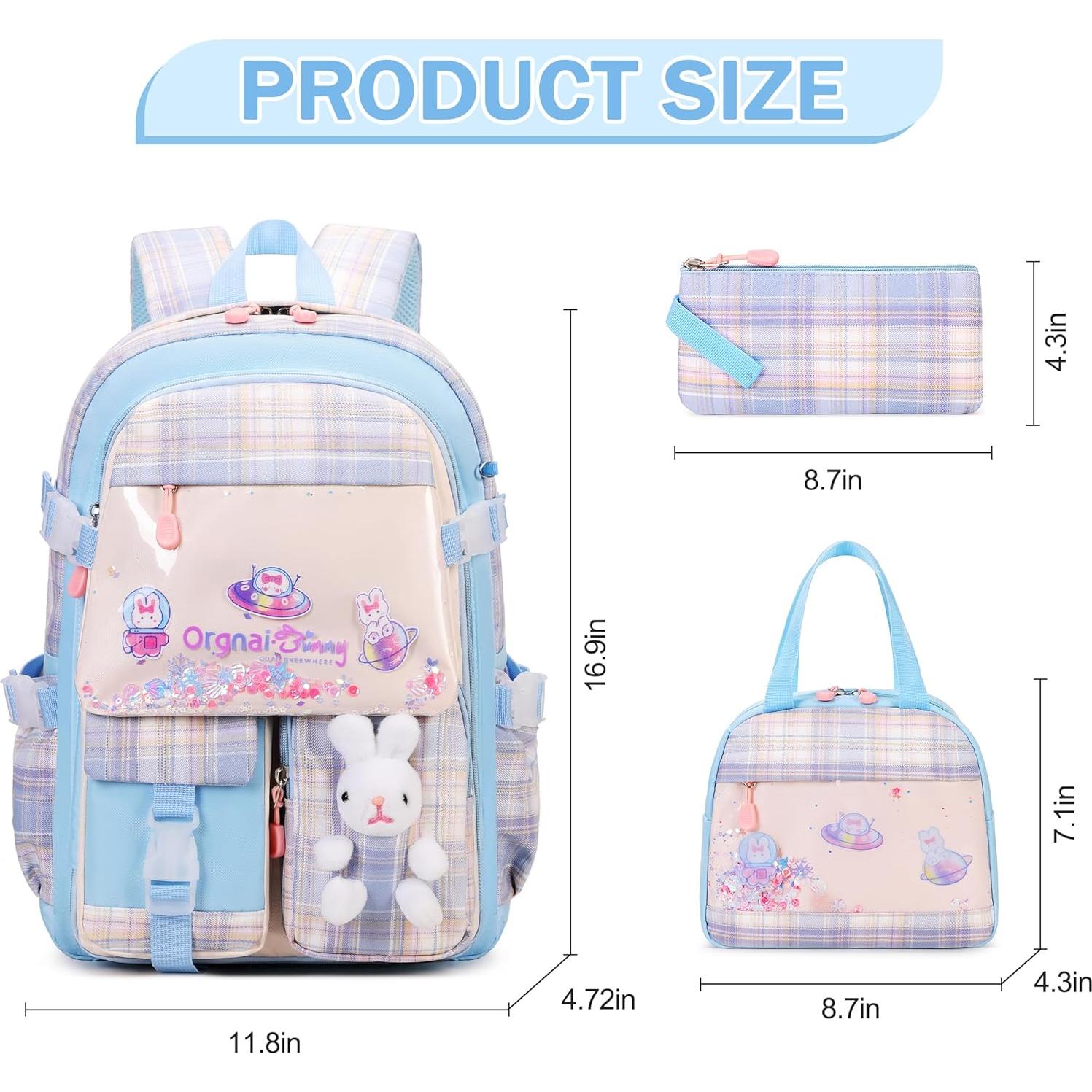 Mochila Escolar Kawaii Conejo Niñas 3PCS con Estuche y Almuerzo