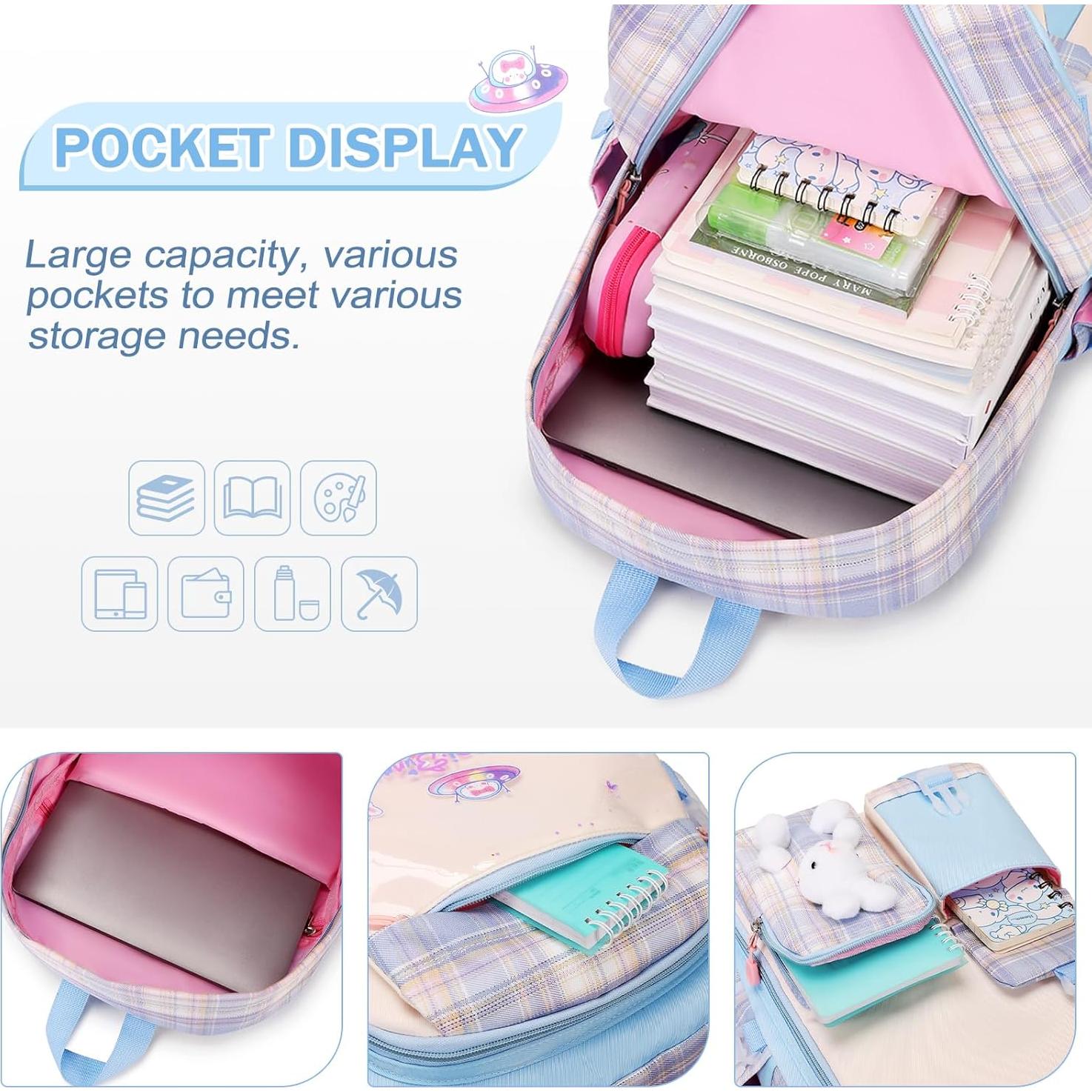 Mochila Escolar Kawaii Conejo Niñas 3PCS con Estuche y Almuerzo