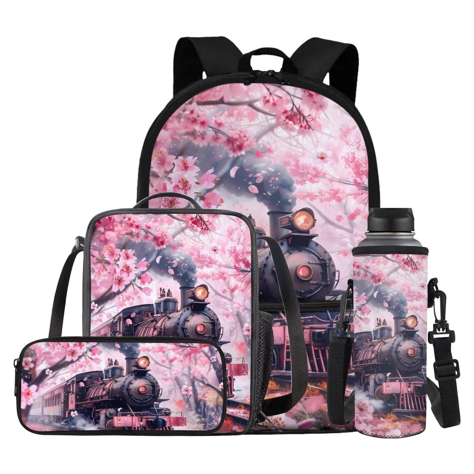 Mochila Escolar 4 en 1 Gomyblomy Niñas Tren de Vapor Flores