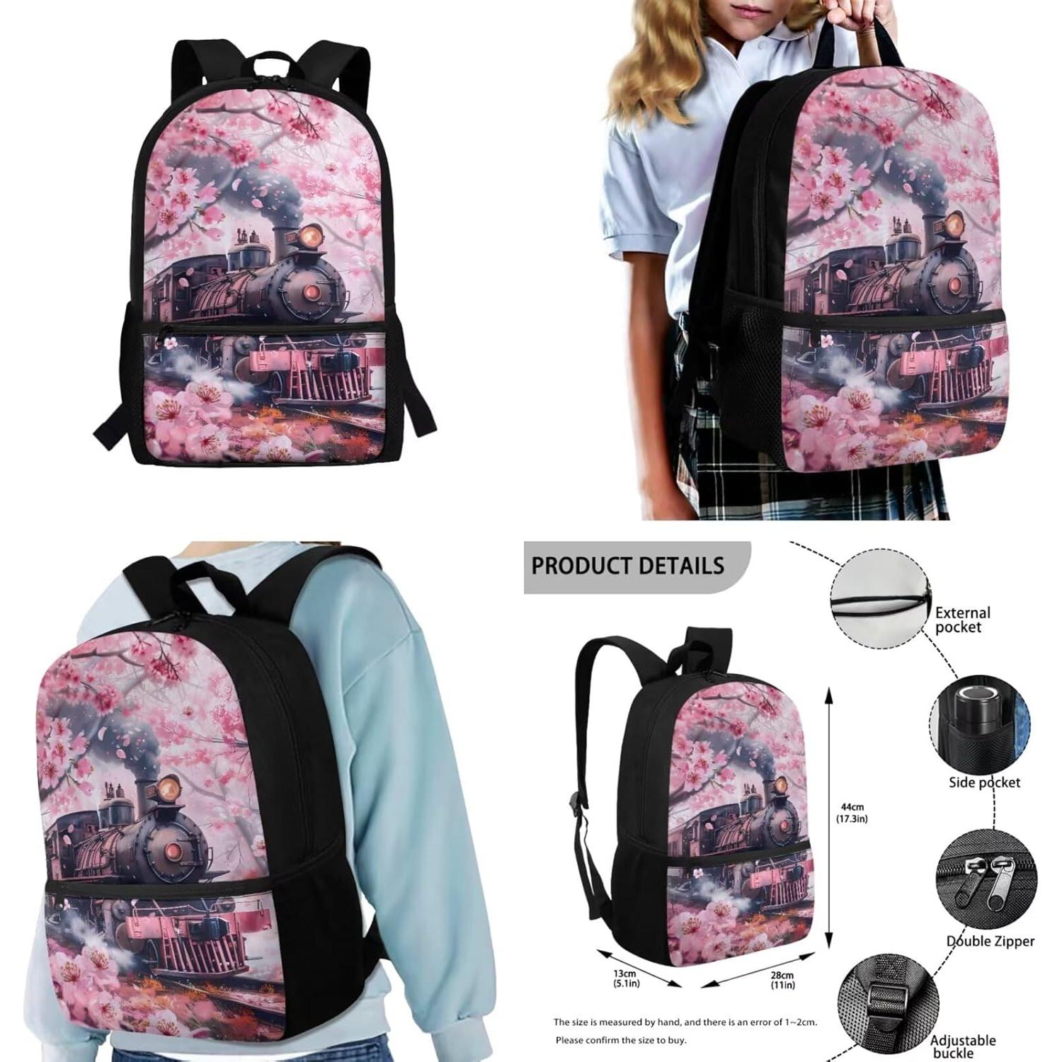 Mochila Escolar 4 en 1 Gomyblomy Niñas Tren de Vapor Flores