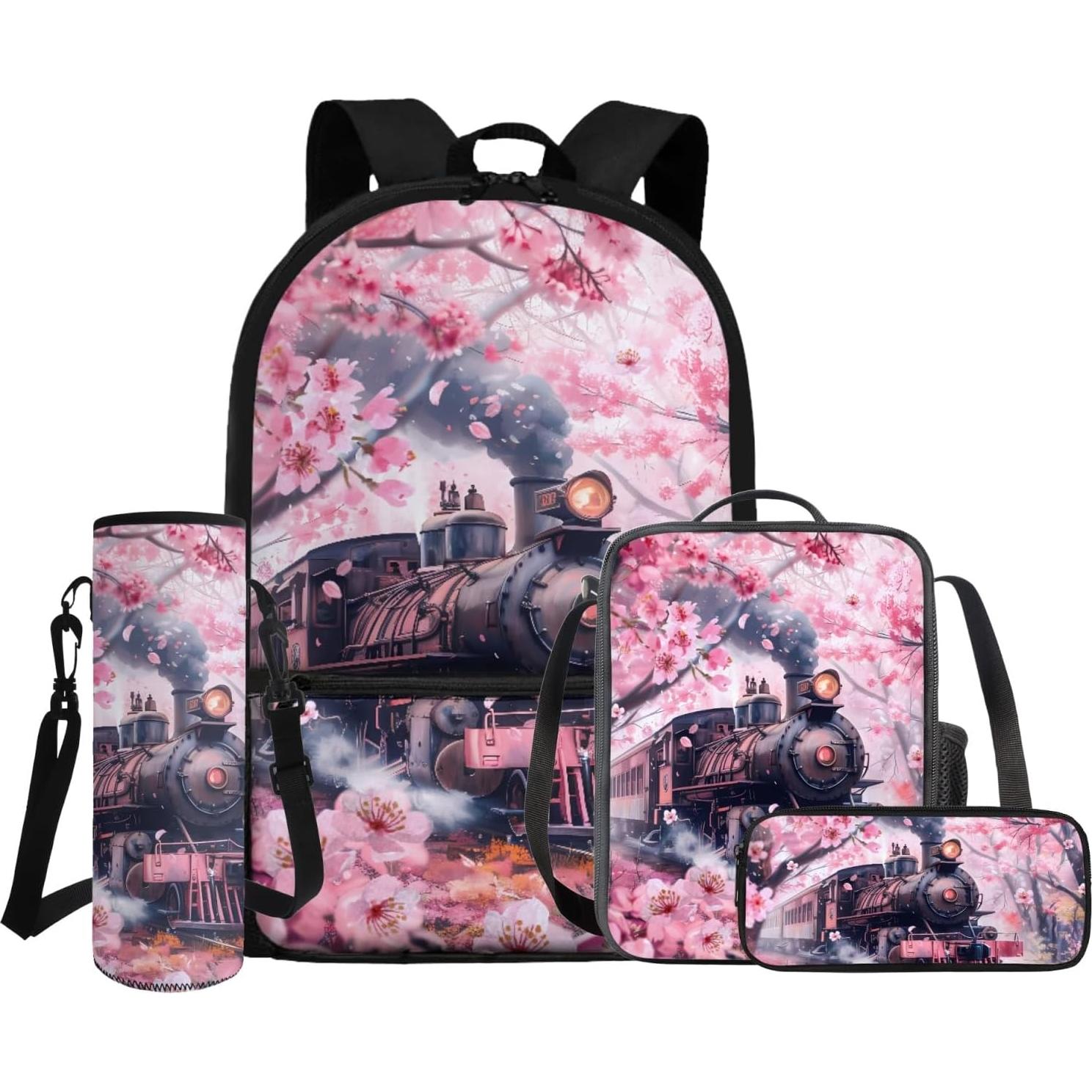 Mochila Escolar 4 en 1 Gomyblomy Niñas Tren de Vapor Flores