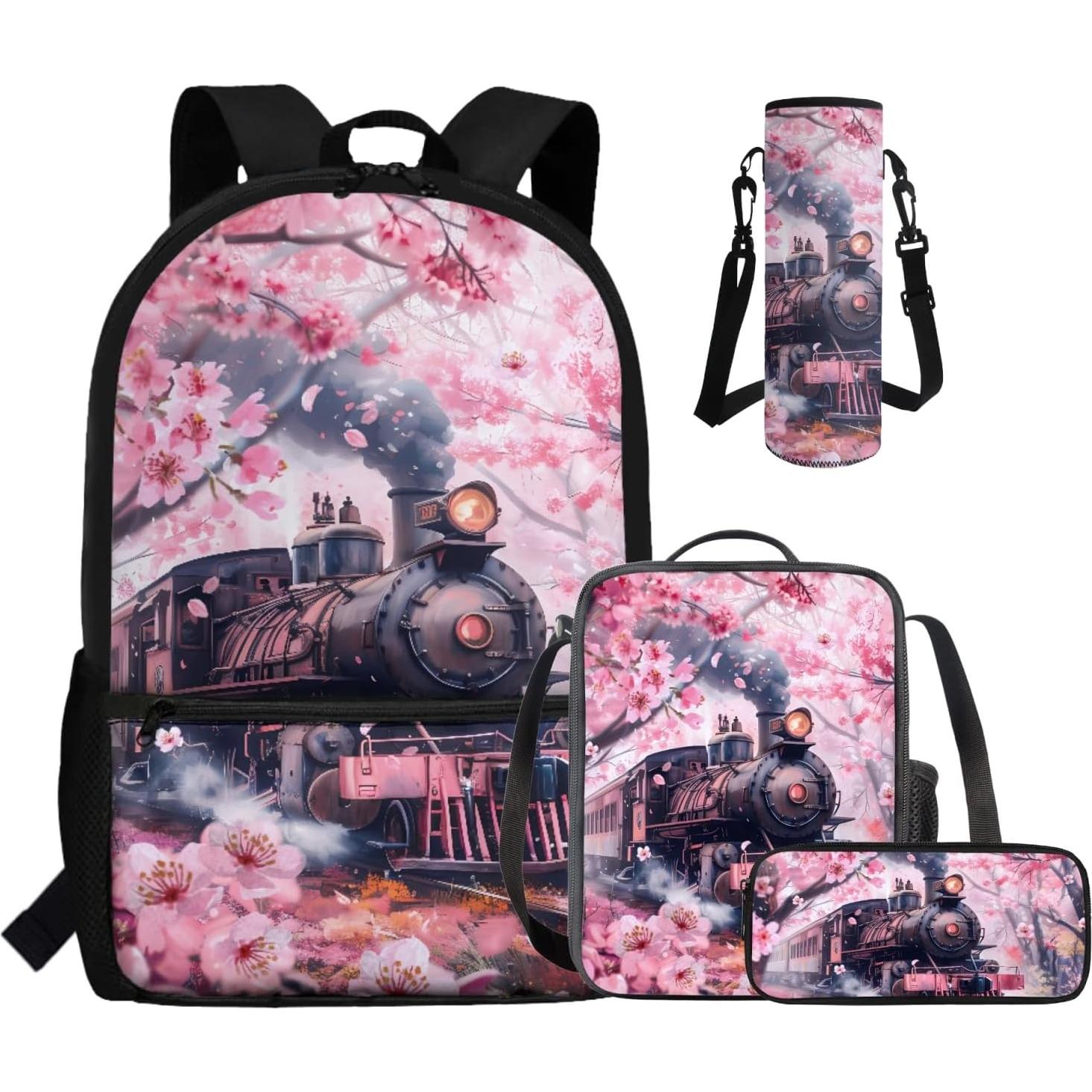 Mochila Escolar 4 en 1 Gomyblomy Niñas Tren de Vapor Flores