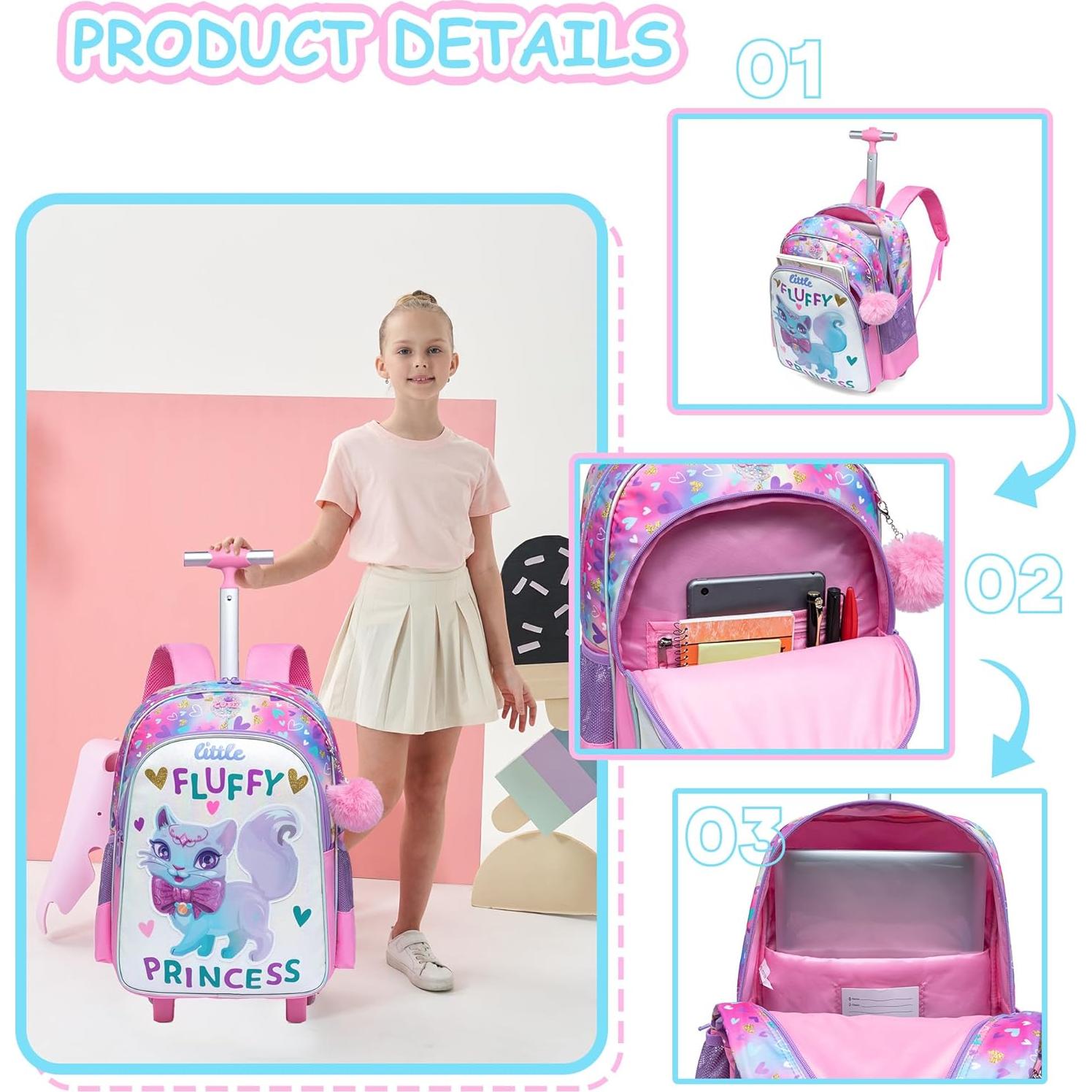 Mochila Rodante para Niñas Meetbelify Gato Púrpura 42x30x20cm