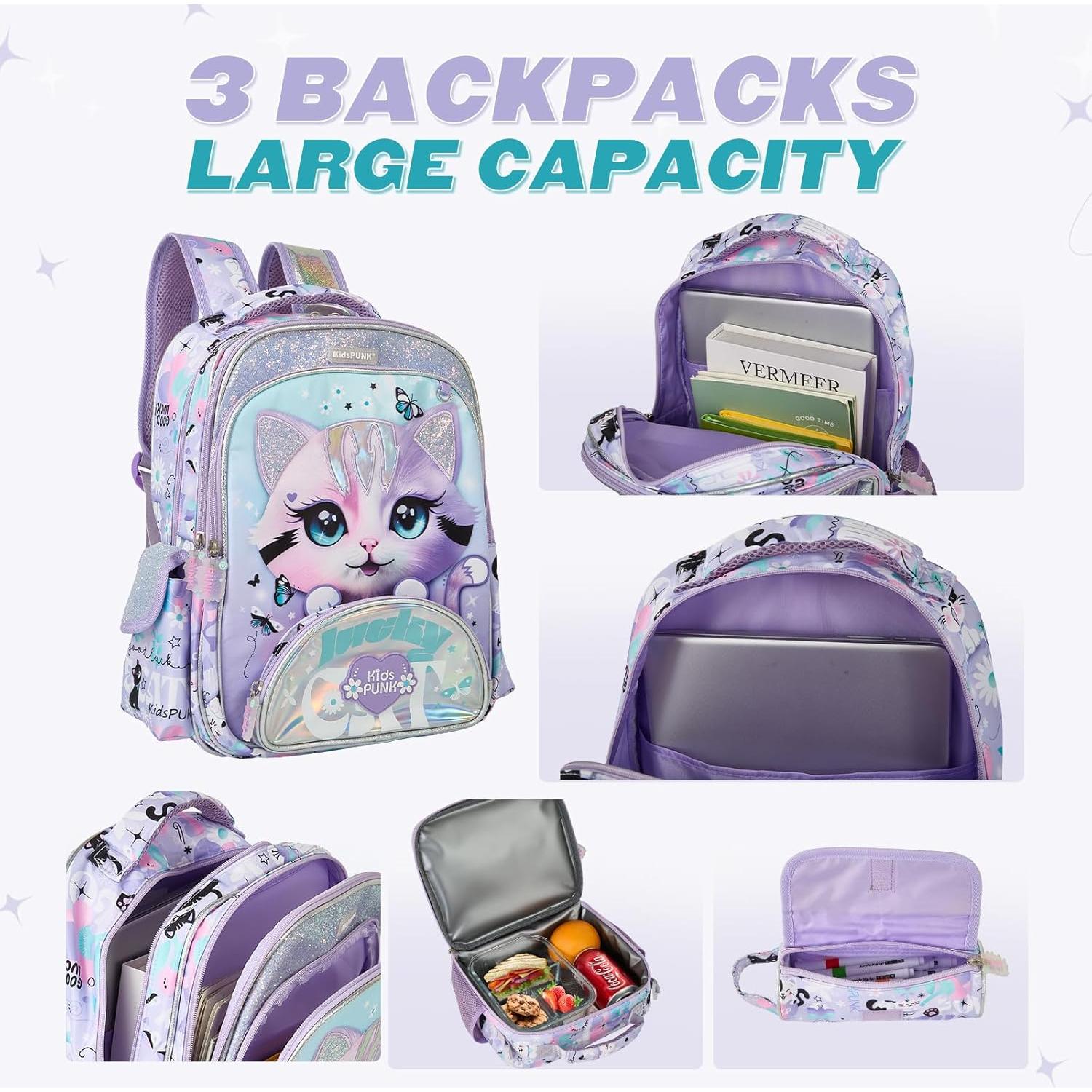 Mochila Escolar Niñas Kawali Gato Púrpura 16L Ergonómica