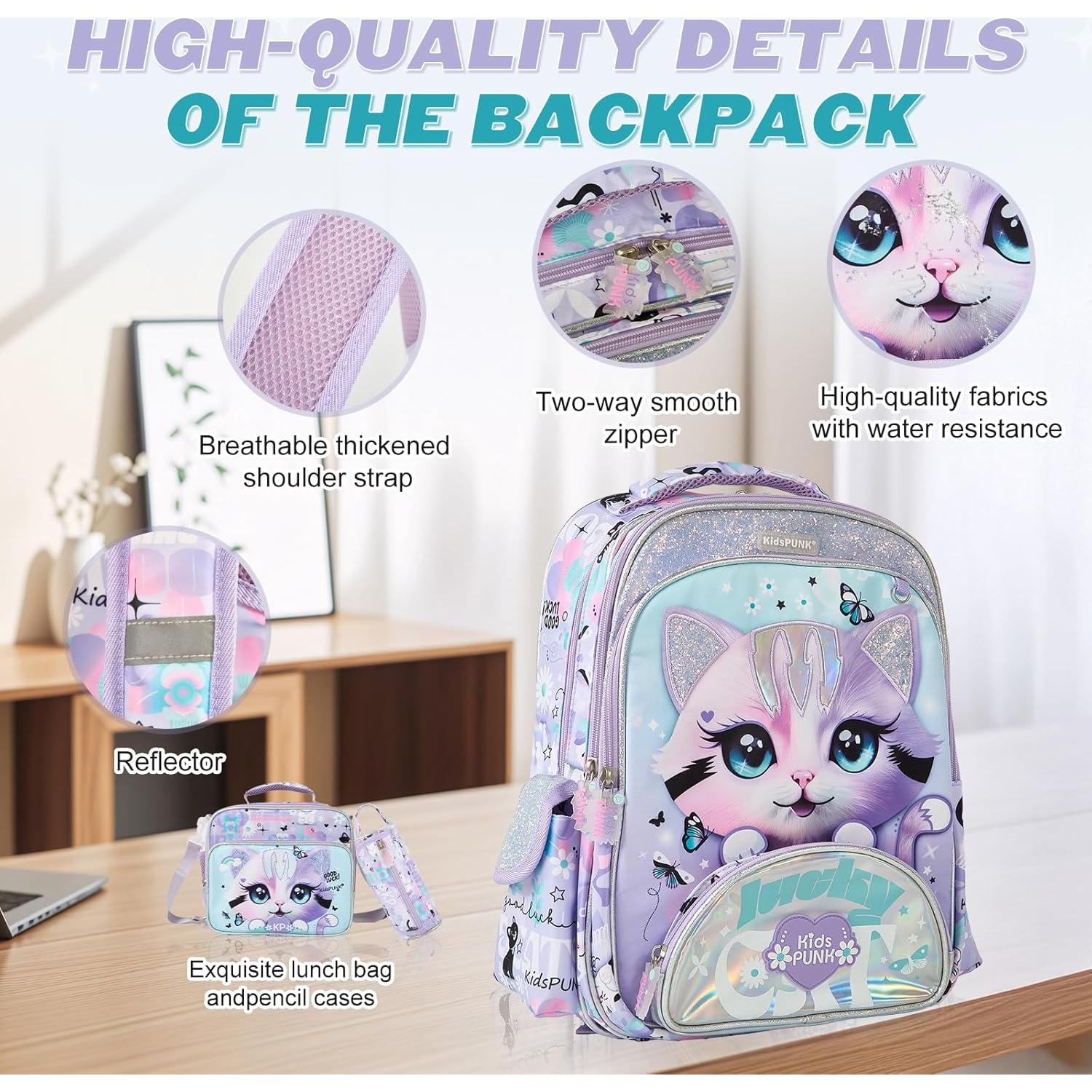 Mochila Escolar Niñas Kawali Gato Púrpura 16L Ergonómica