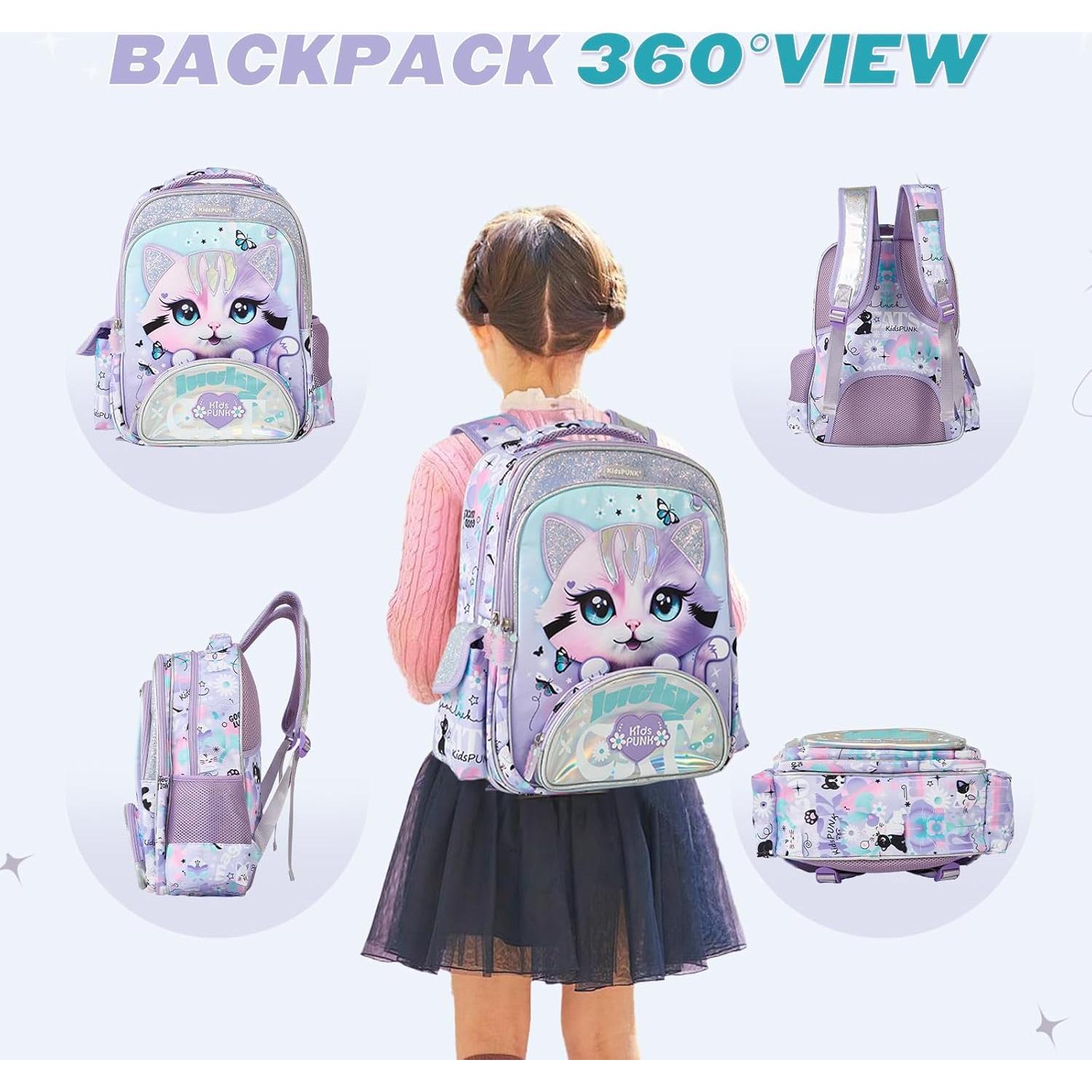 Mochila Escolar Niñas Kawali Gato Púrpura 16L Ergonómica