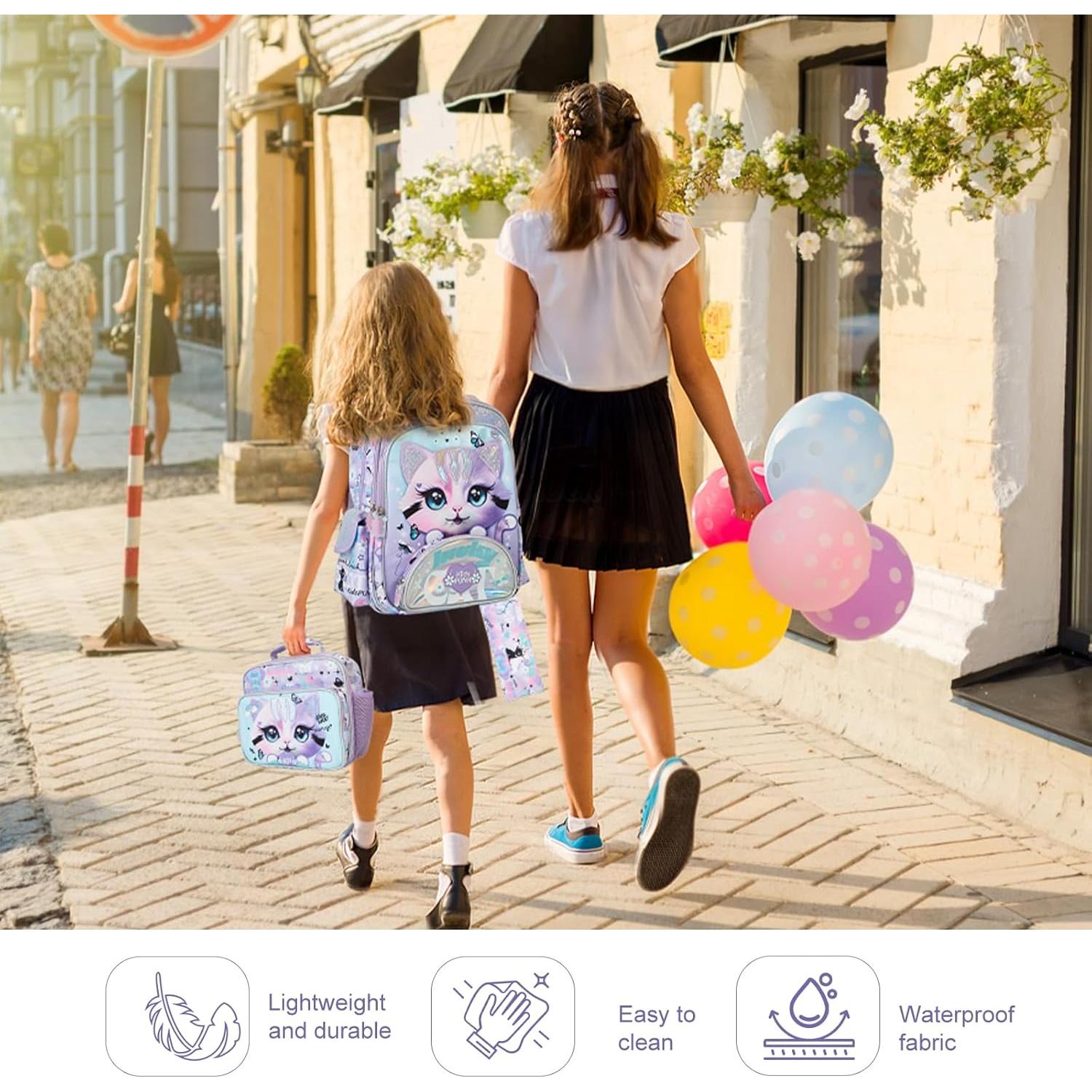 Mochila Escolar Niñas Kawali Gato Púrpura 16L Ergonómica