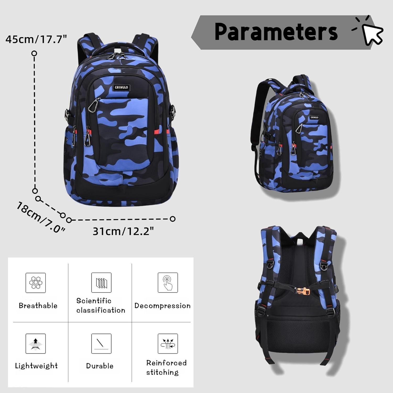 Mochila Escolar Camo para Niños 31x18x45 cm Resistente Agua