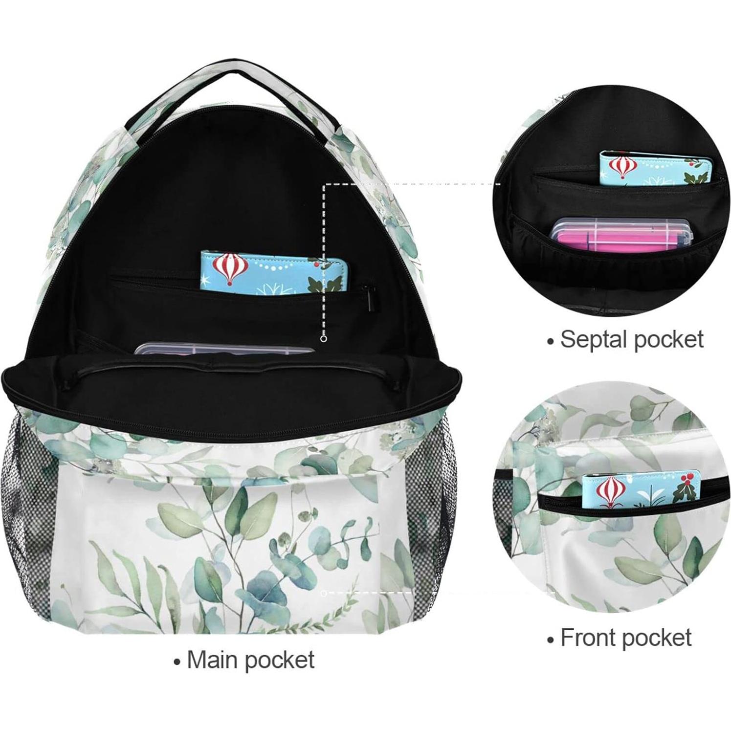 Mochila Escolar Miaoquhe Hojas Verdes Salvia 15L 40x17x29cm