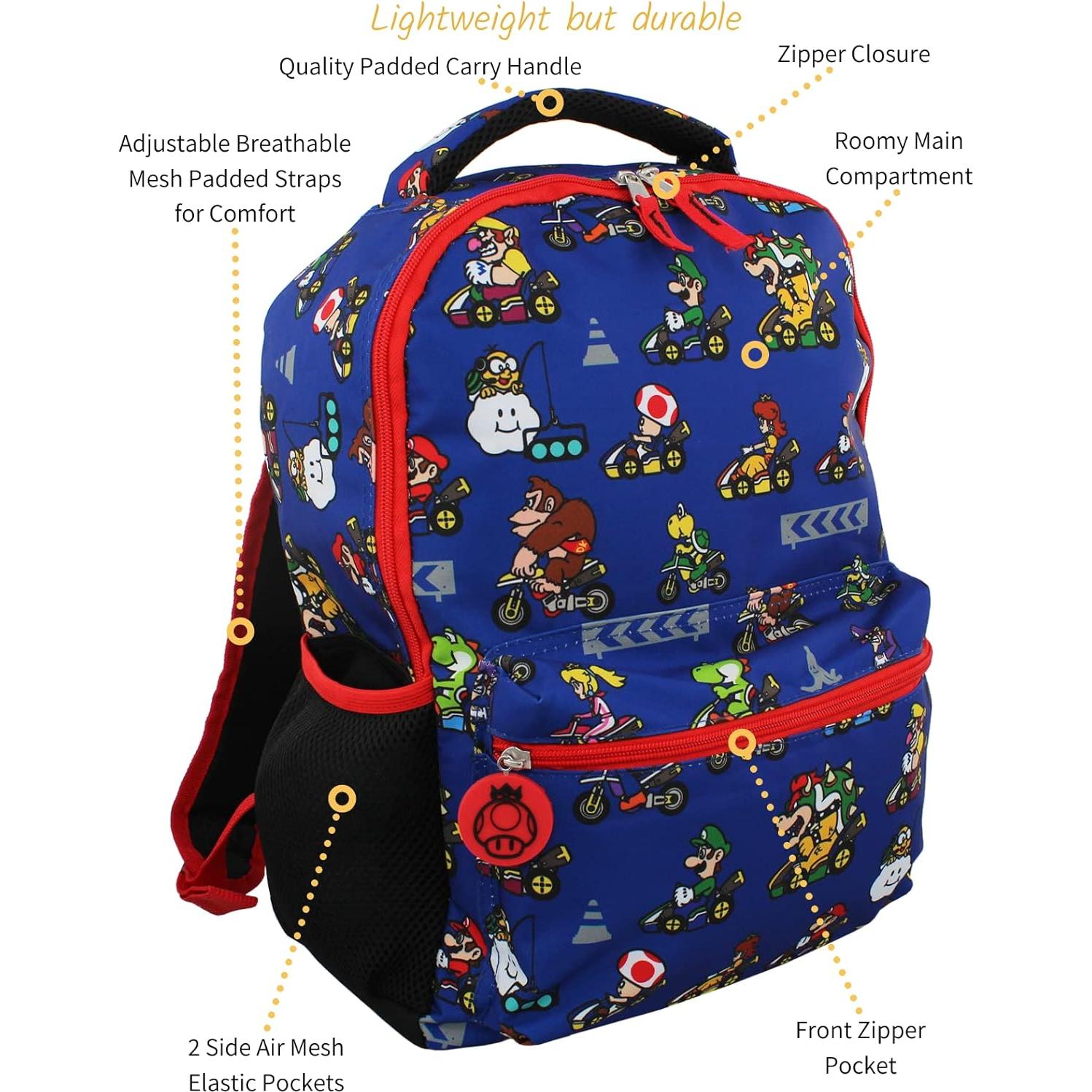 Mochila Escolar Mario Kart Azul 16 Pulgadas Niños Niñas