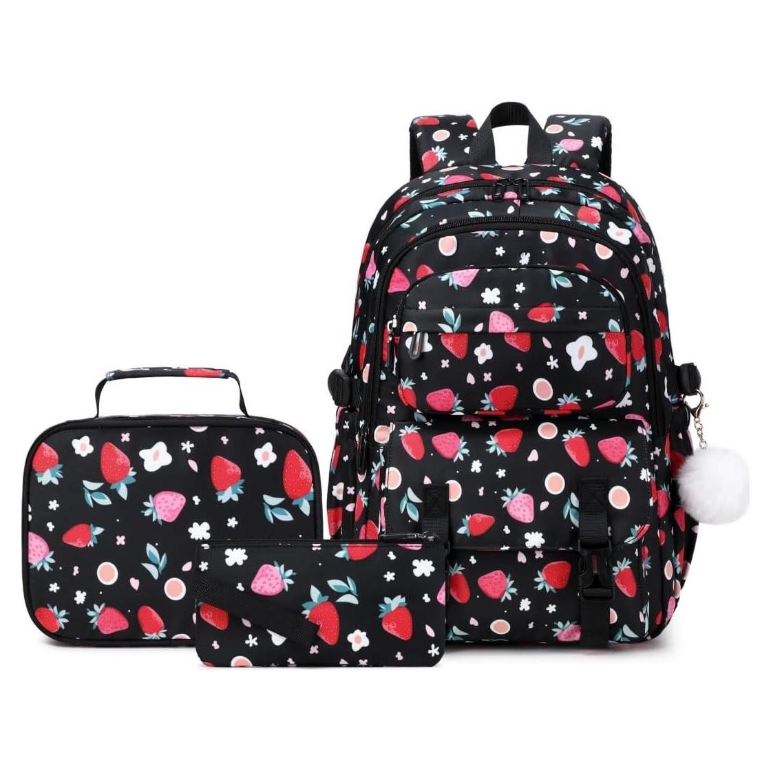 Mochila Escolar Niñas Fresa con Caja Almuerzo y Estuche