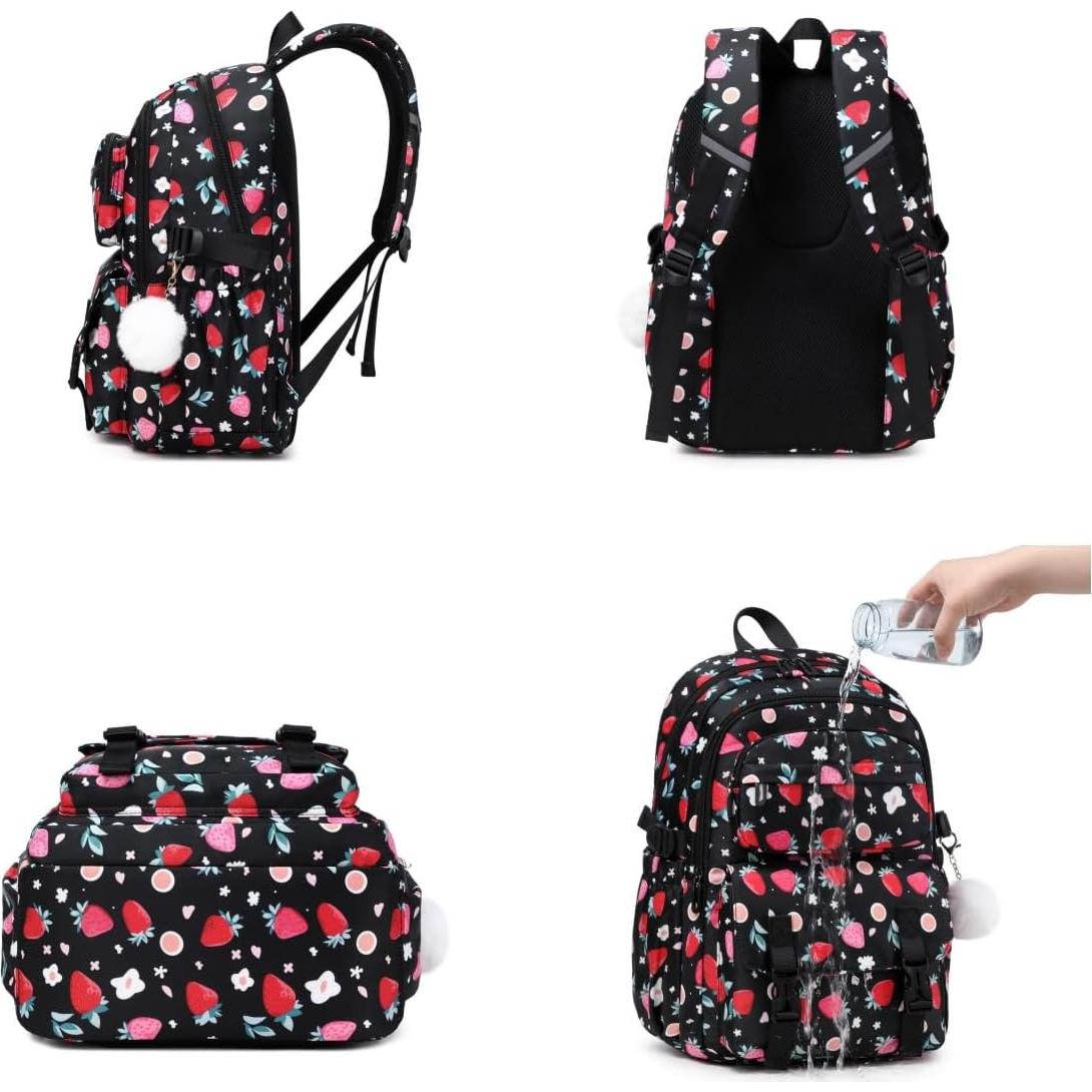 Mochila Escolar Niñas Fresa con Caja Almuerzo y Estuche