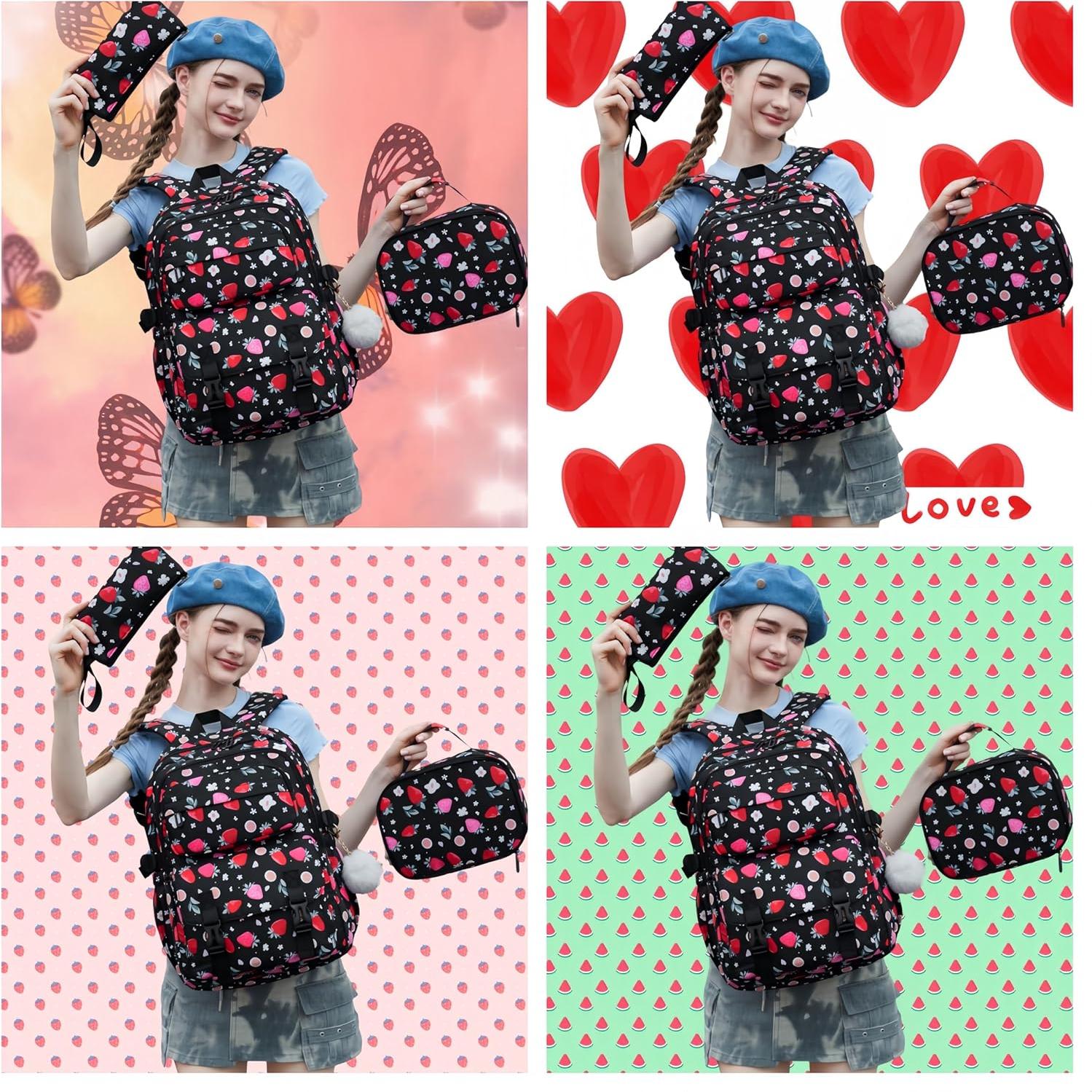 Mochila Escolar Niñas Fresa con Caja Almuerzo y Estuche