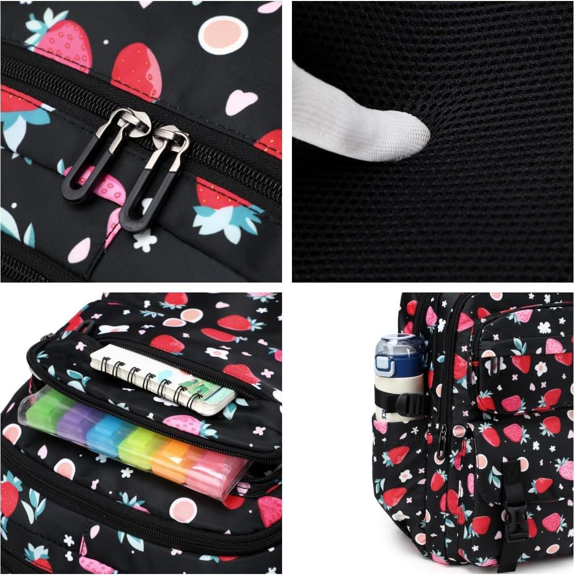 Mochila Escolar Niñas Fresa con Caja Almuerzo y Estuche