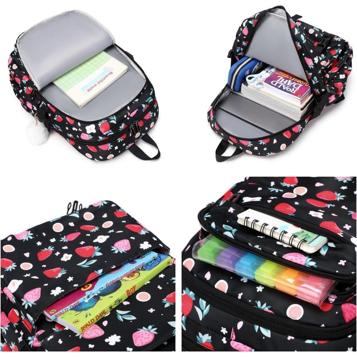 Mochila Escolar Niñas Fresa con Caja Almuerzo y Estuche