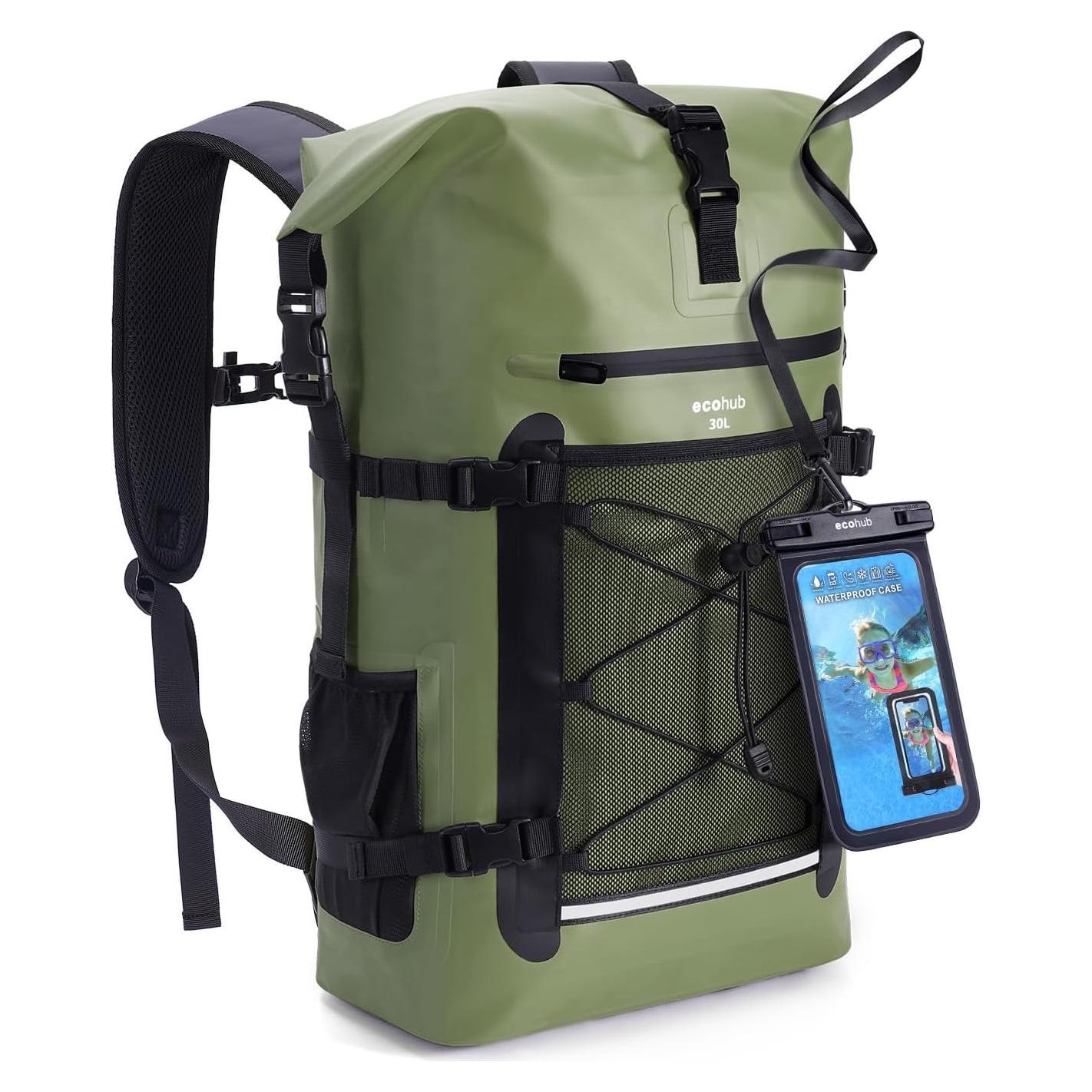 Mochila Impermeable ECOHUB 30L Roll-Top Verde con Funda IPX8