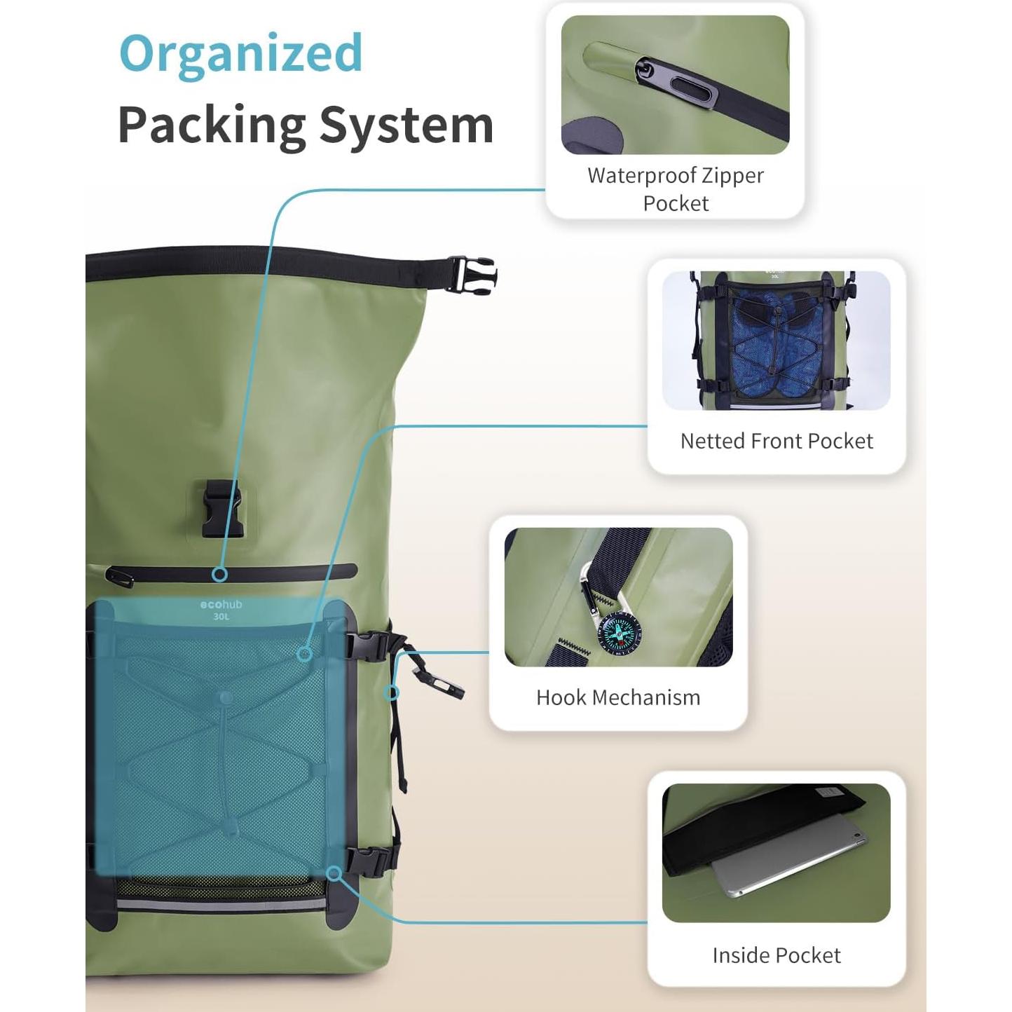 Mochila Impermeable ECOHUB 30L Roll-Top Verde con Funda IPX8