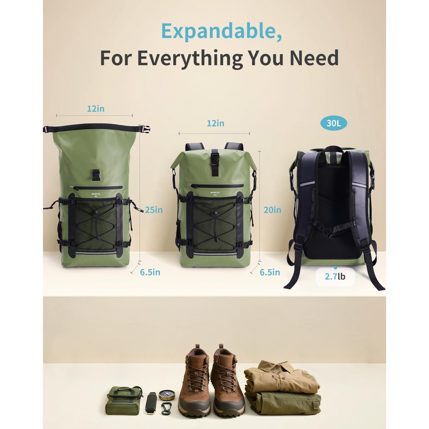 Mochila Impermeable ECOHUB 30L Roll-Top Verde con Funda IPX8