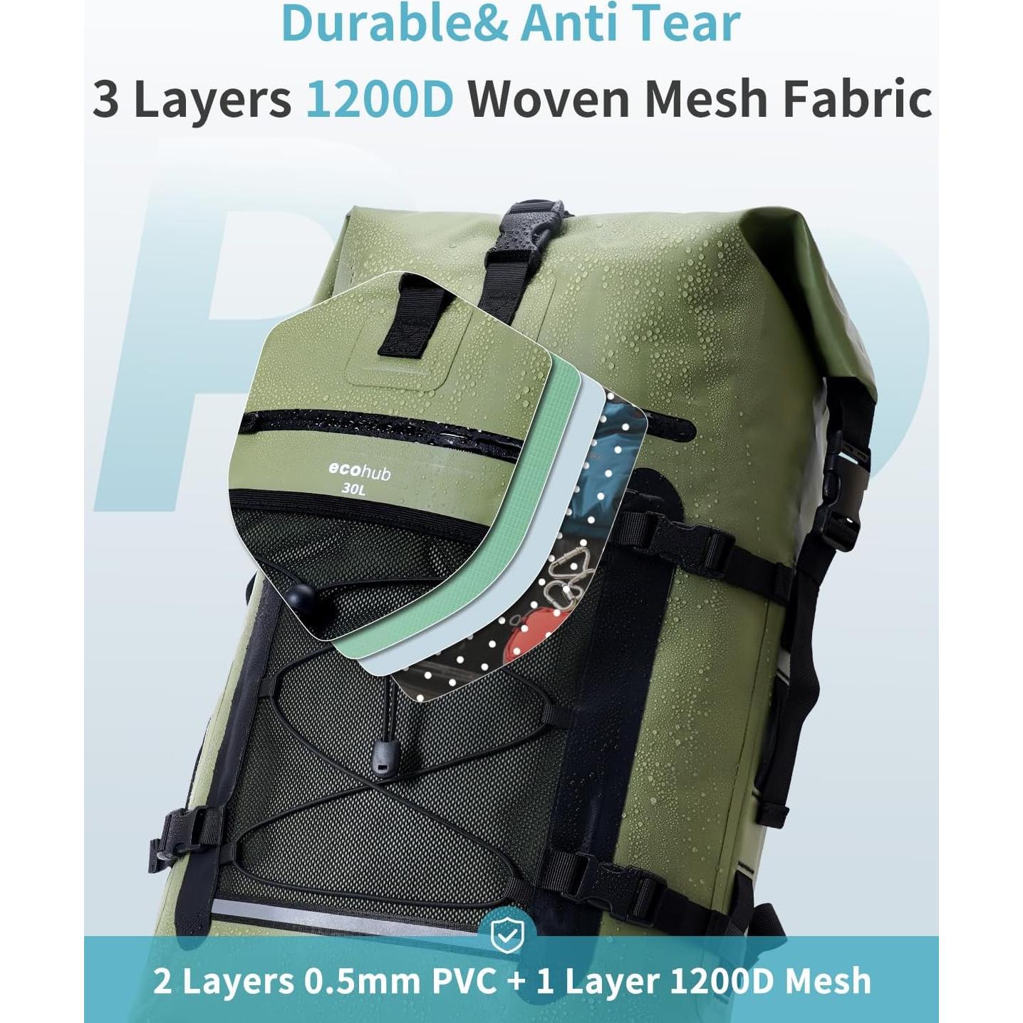 Mochila Impermeable ECOHUB 30L Roll-Top Verde con Funda IPX8