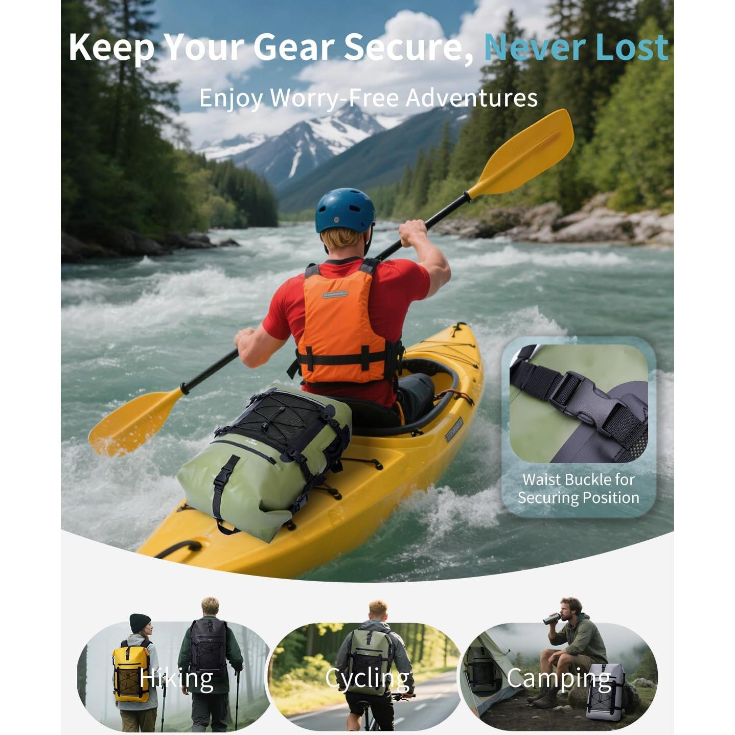 Mochila Impermeable ECOHUB 30L Roll-Top Verde con Funda IPX8