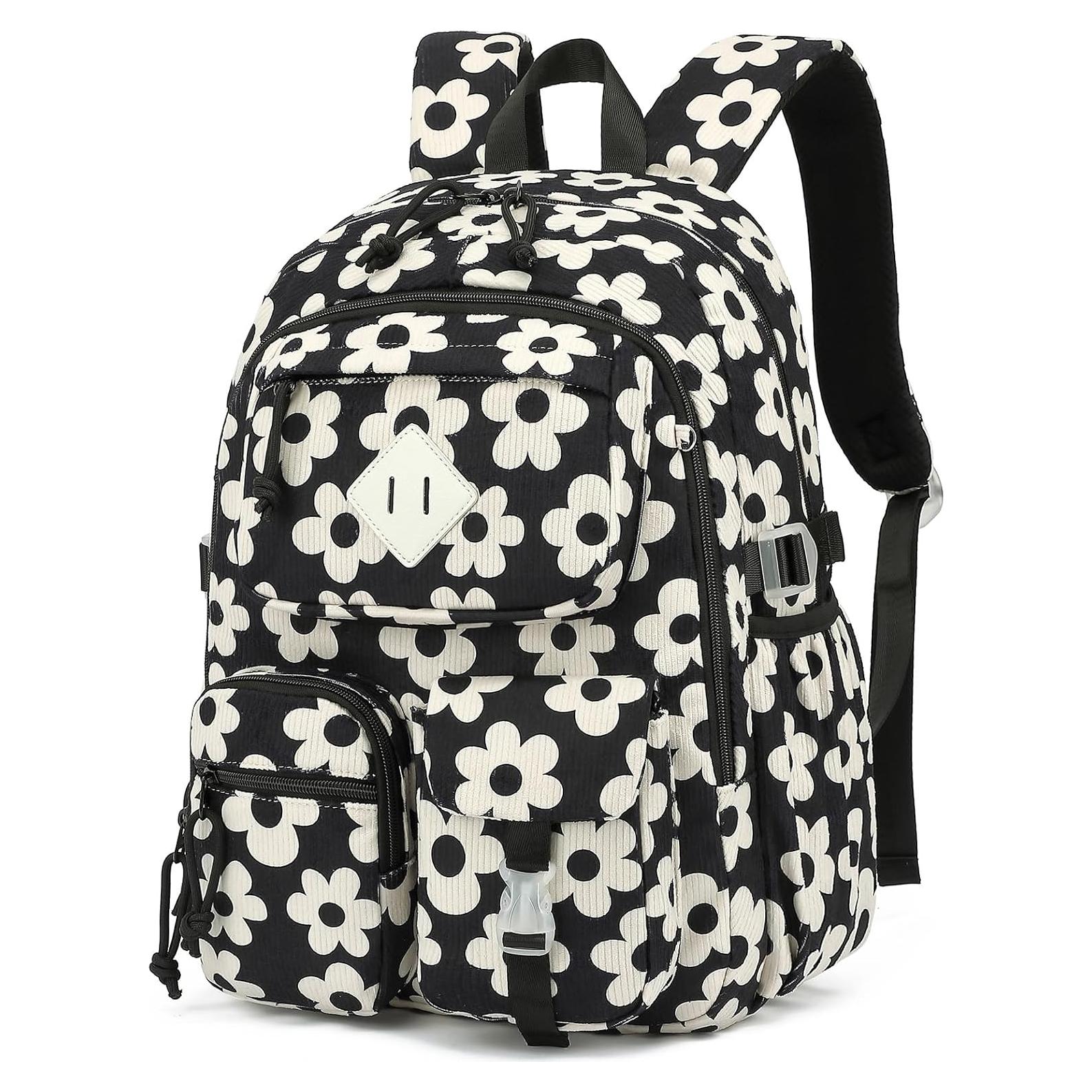Mochila Escolar Corduroy Lrenagao 15.6" Negra Flores