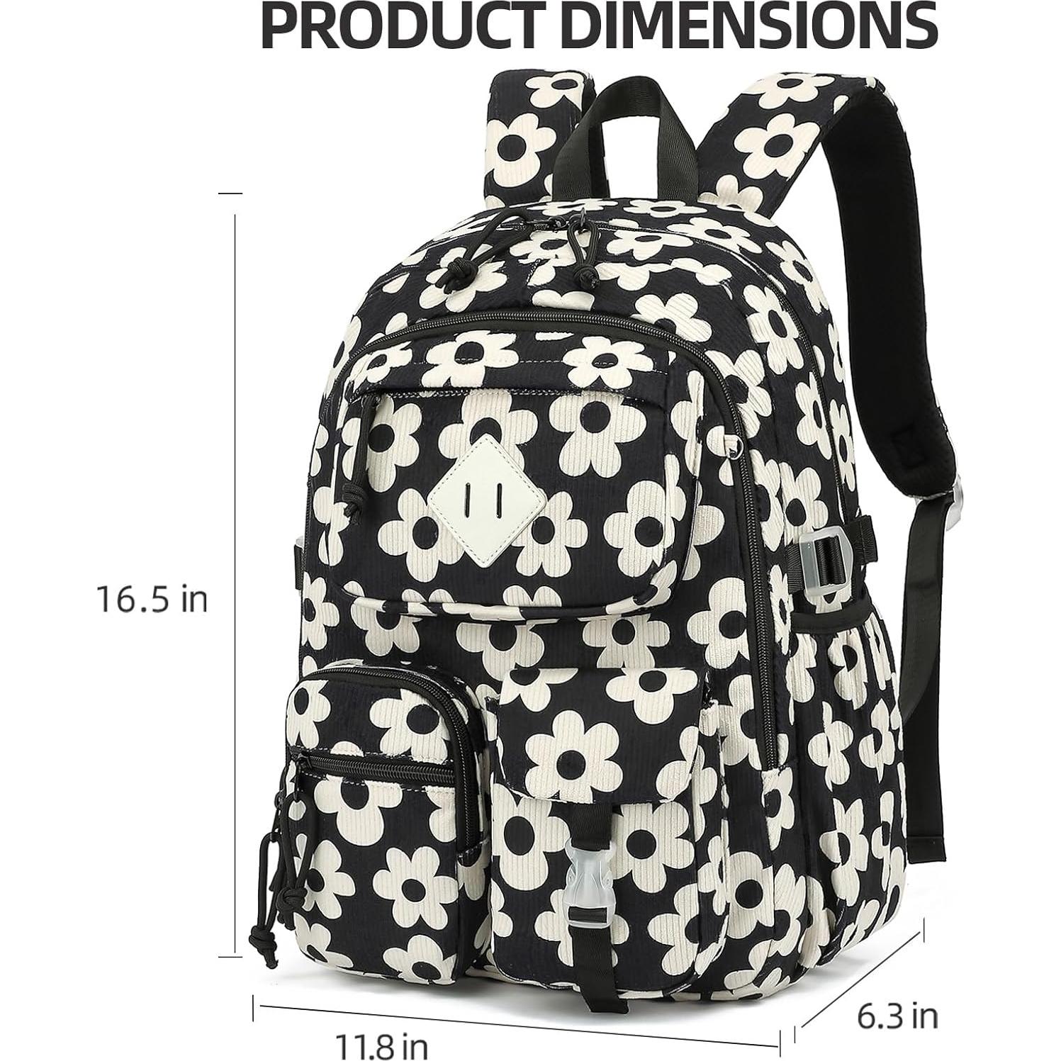 Mochila Escolar Corduroy Lrenagao 15.6" Negra Flores