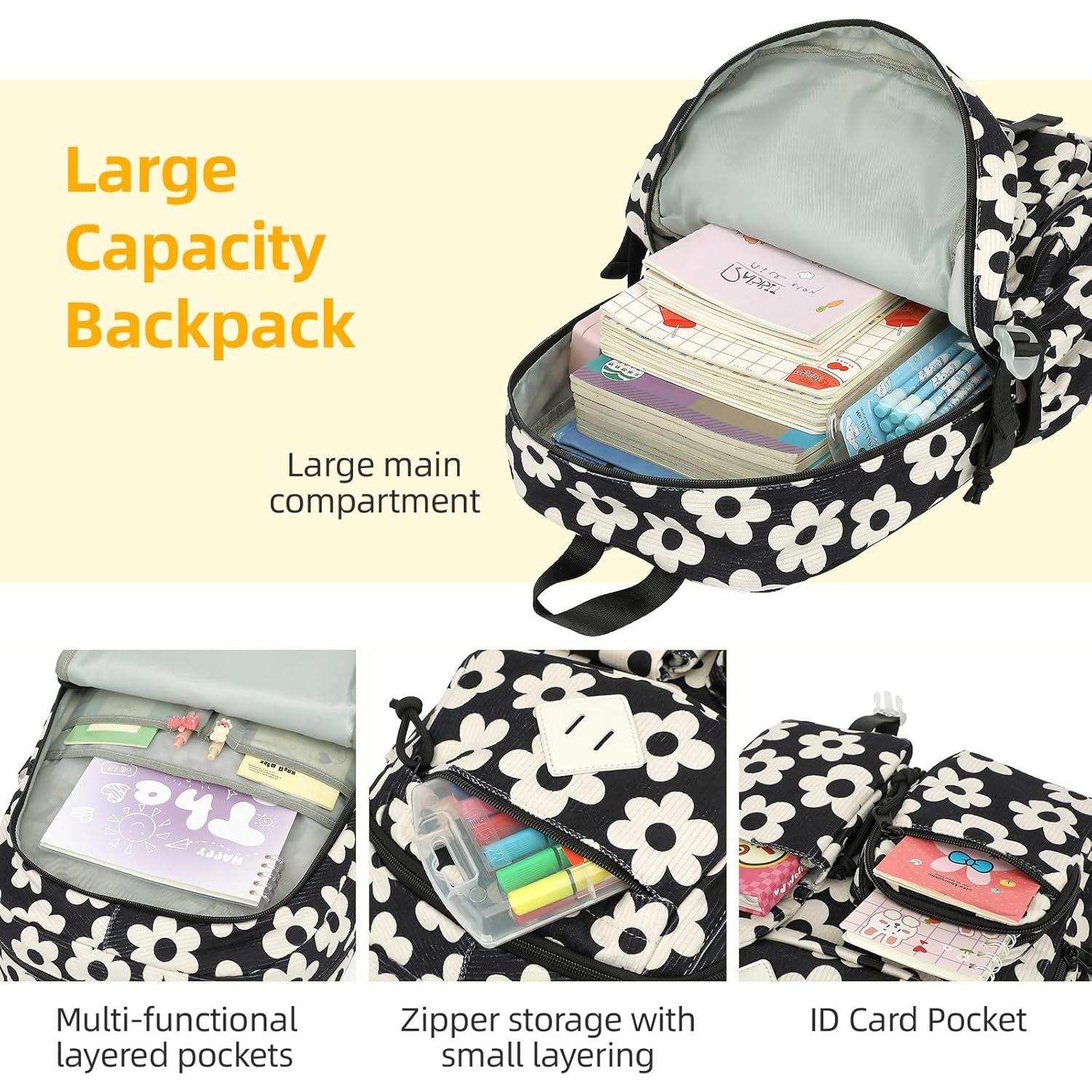 Mochila Escolar Corduroy Lrenagao 15.6" Negra Flores