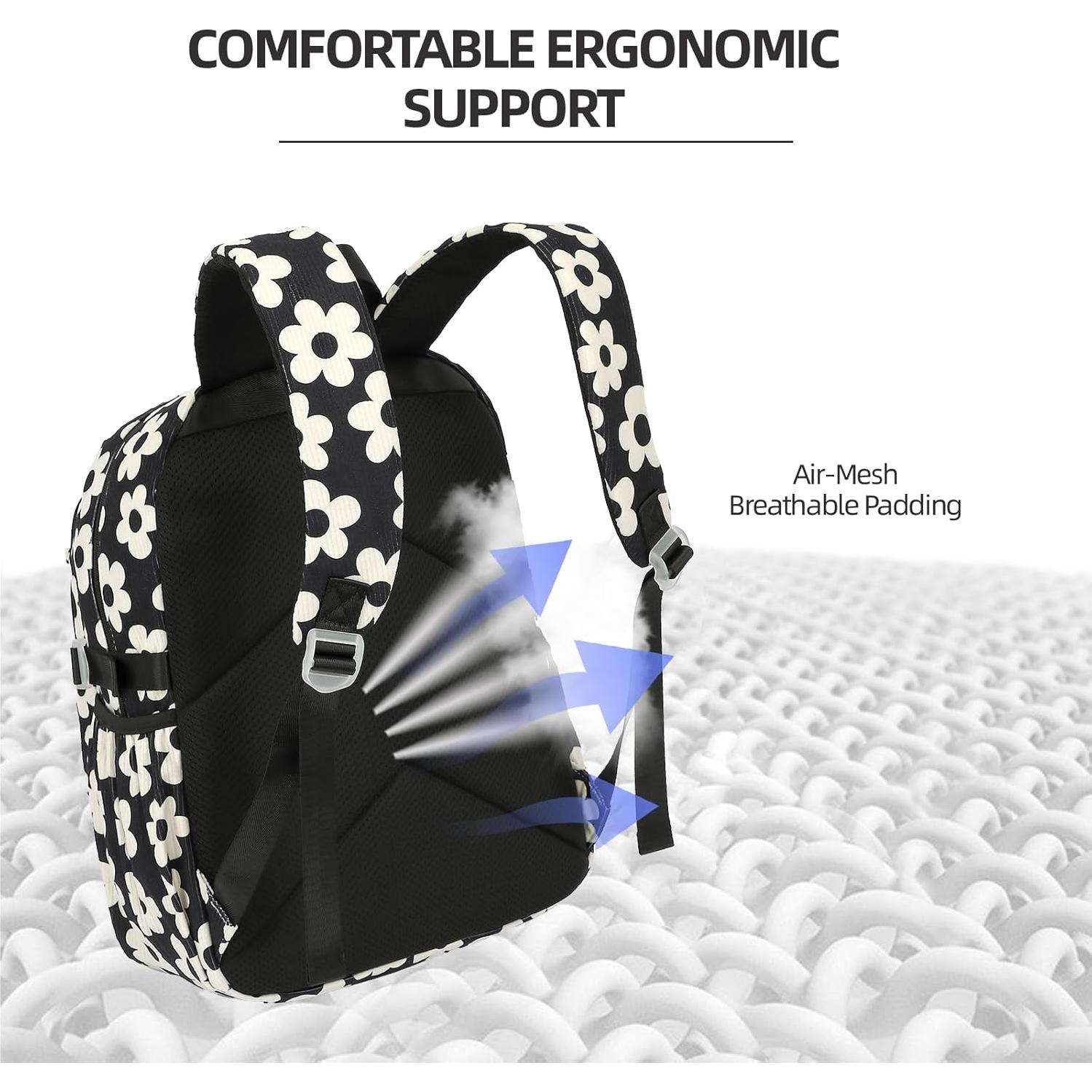 Mochila Escolar Corduroy Lrenagao 15.6" Negra Flores