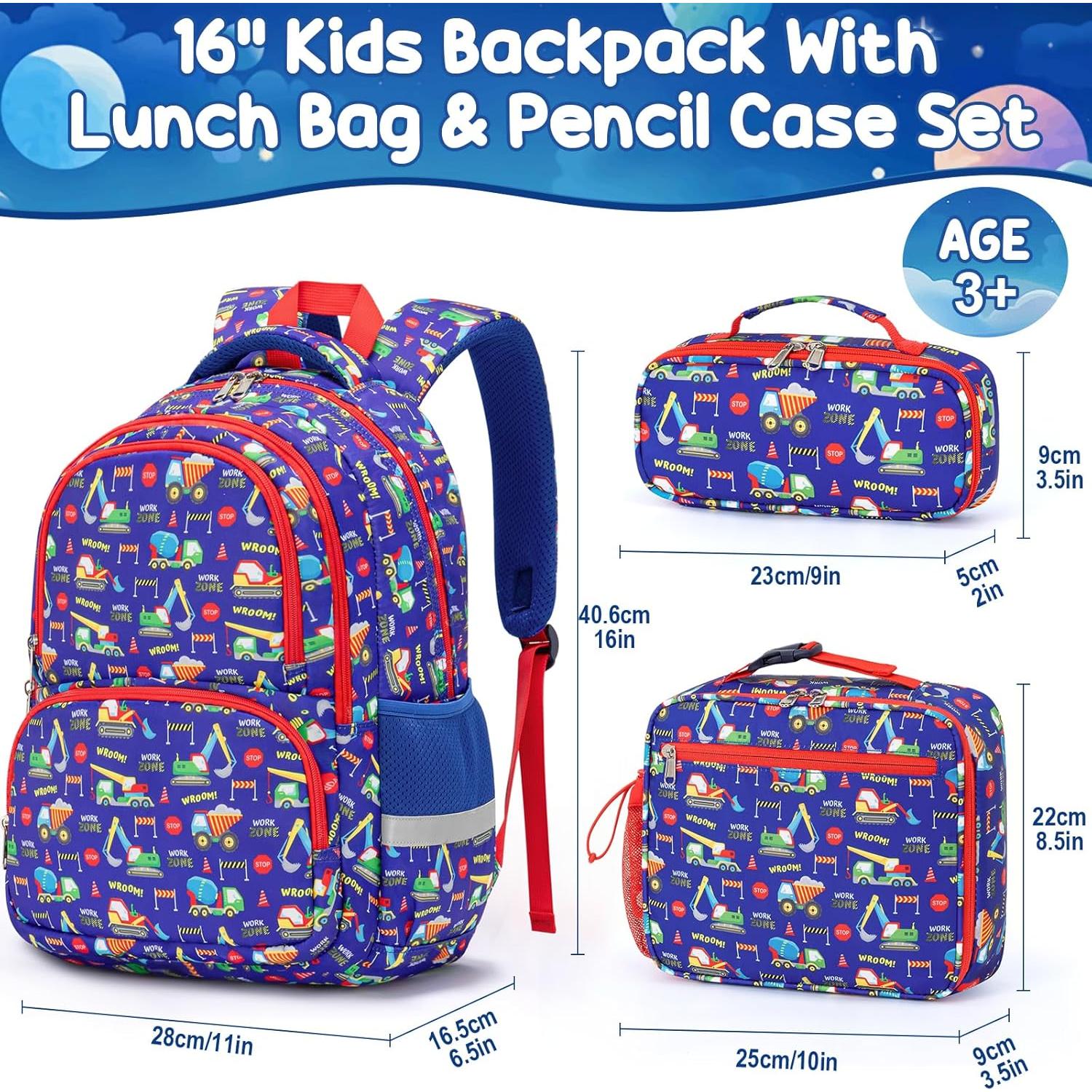 Mochila Escolar Fimibuke 3 en 1 para Niños Camiones Azul