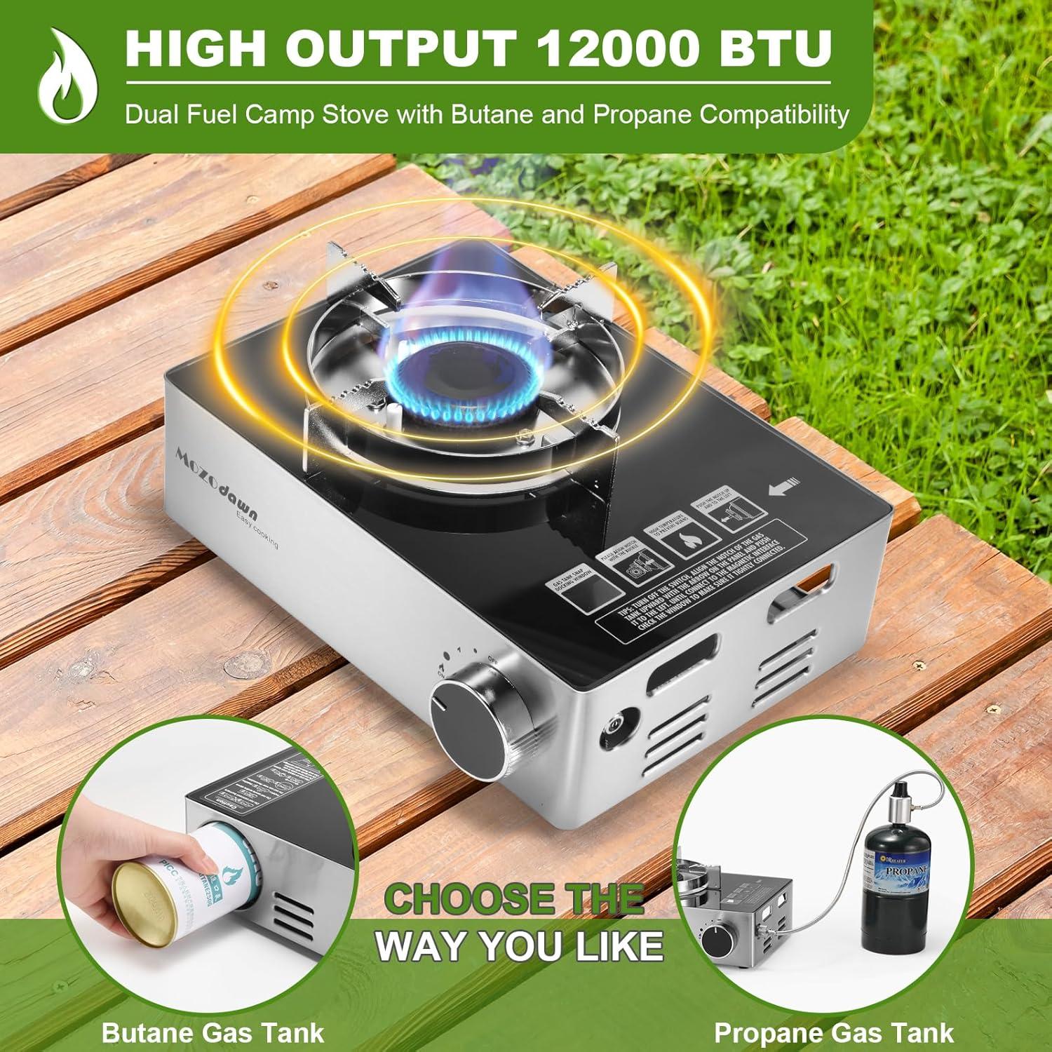 Estufa de Camping Mozodawn Doble Combustible 12000 BTU Portátil