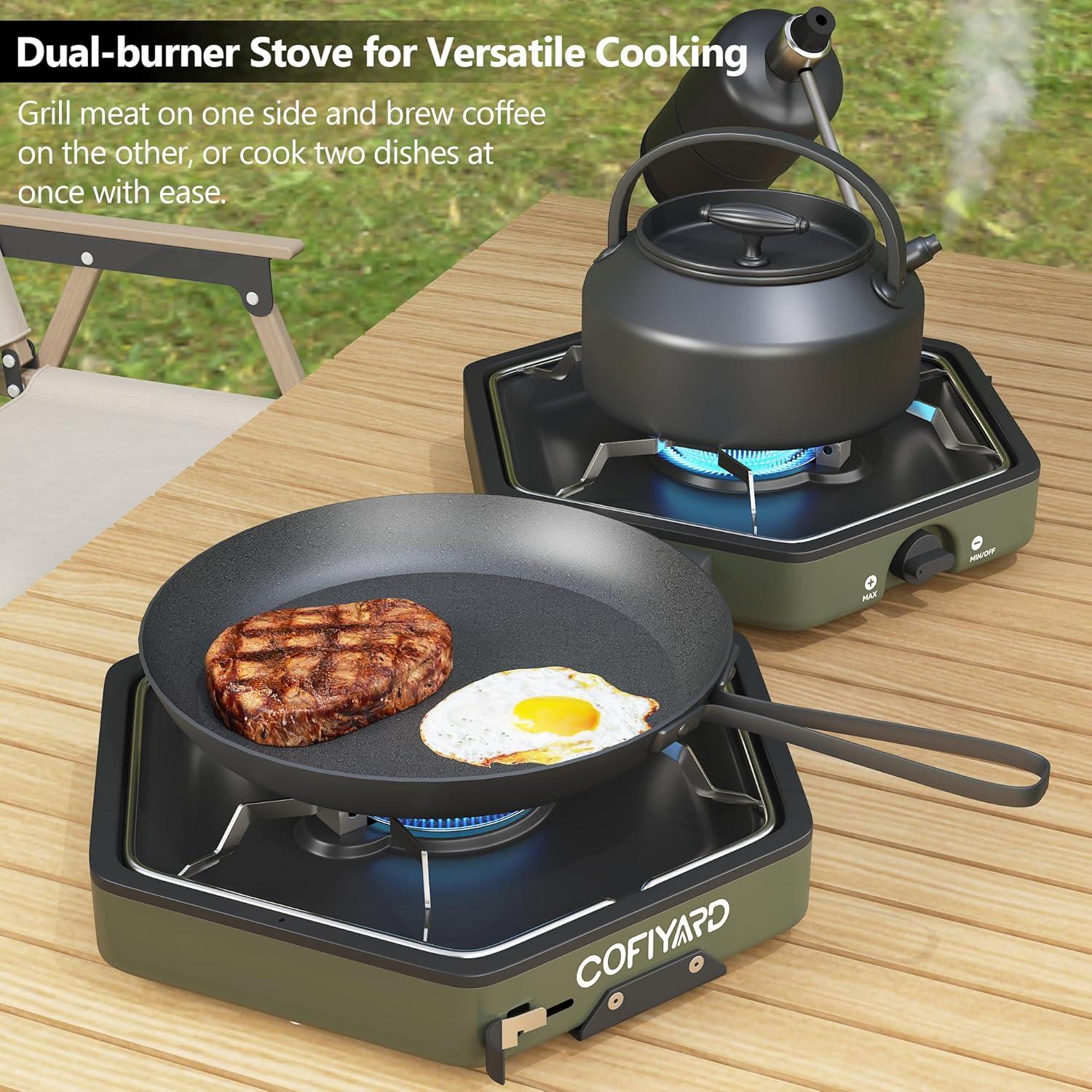 Estufa de Camping Plegable COFIYARD 2 Quemadores Propano Verde