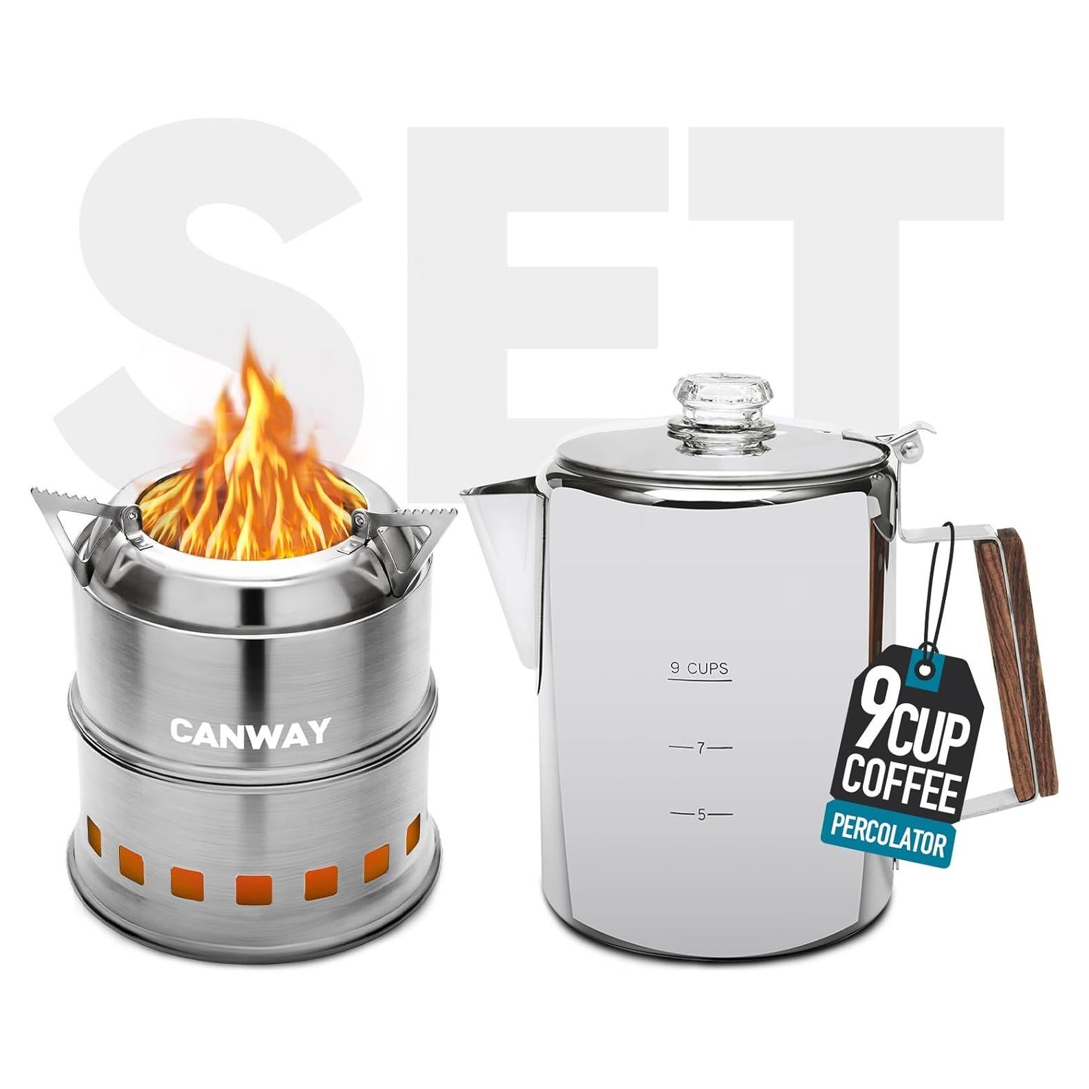 Cafetera Percoladora y Estufa de Camping CANWAY 9 Tazas Acero Inoxidable