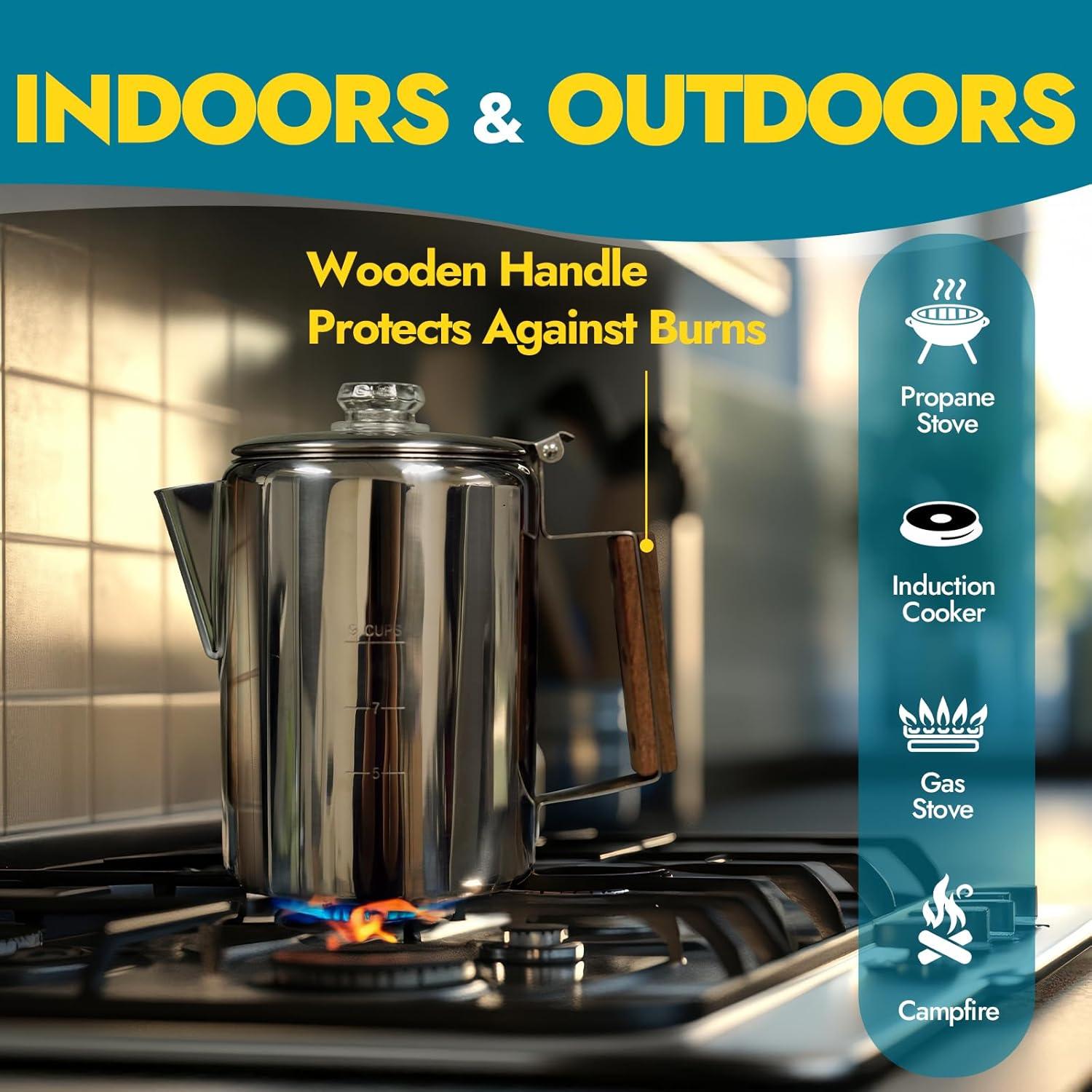 Cafetera Percoladora y Estufa de Camping CANWAY 9 Tazas Acero Inoxidable