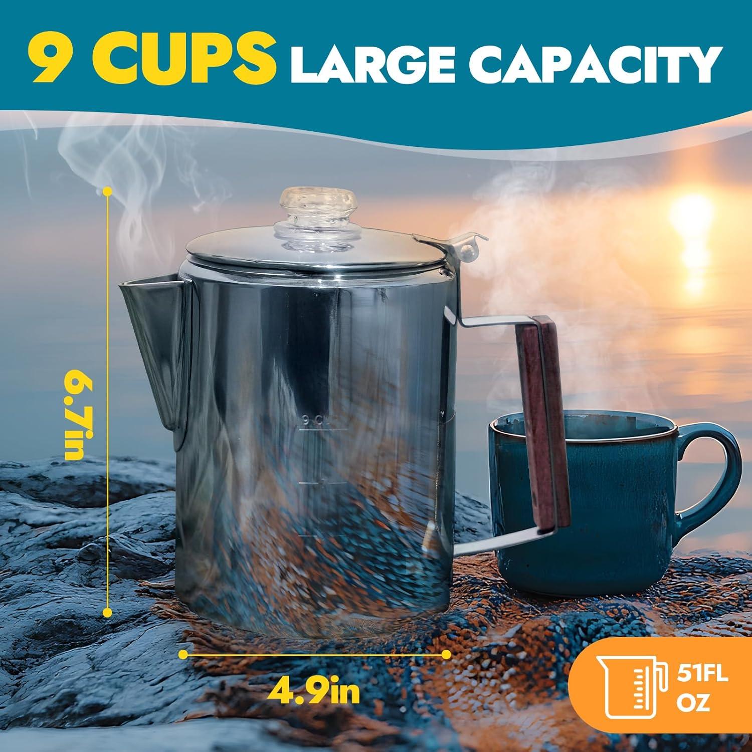 Cafetera Percoladora y Estufa de Camping CANWAY 9 Tazas Acero Inoxidable