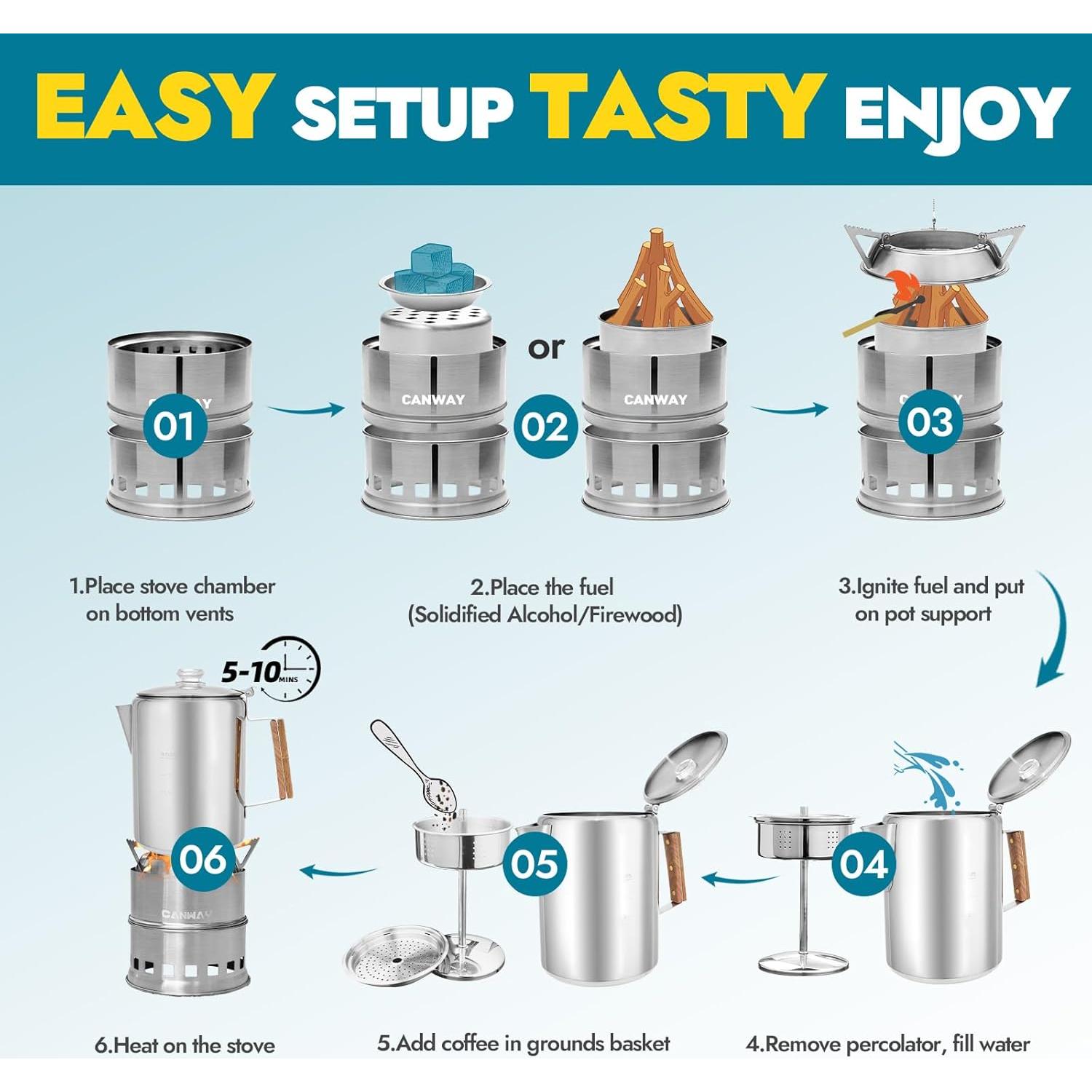 Cafetera Percoladora y Estufa de Camping CANWAY 9 Tazas Acero Inoxidable