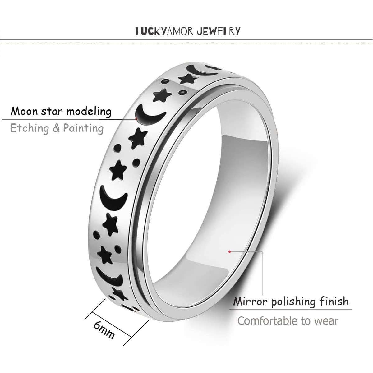 Anillo Giratorio de Acero Inoxidable Luna Estrella 6mm