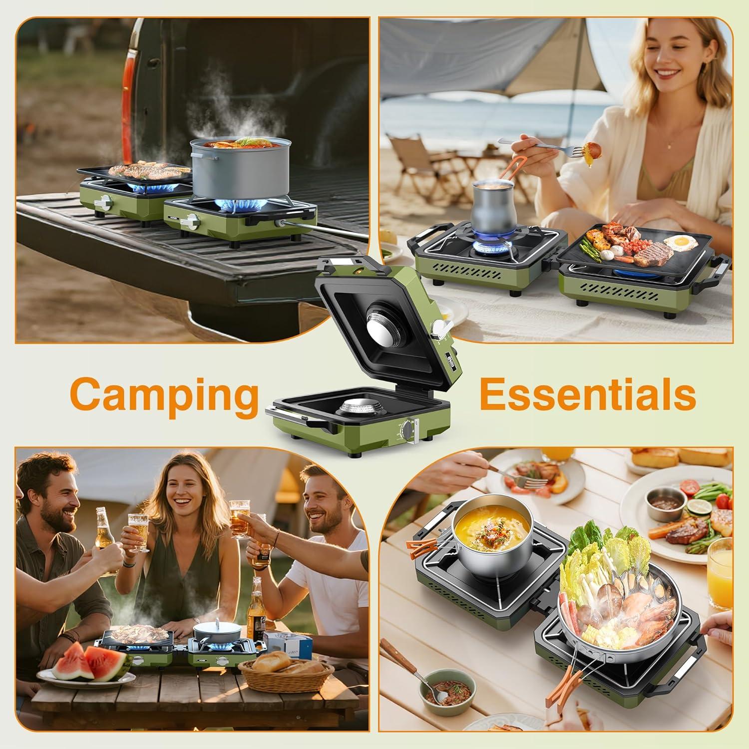 Estufa de Camping ODSD 2 Quemadores 20000 BTU Plegable Verde