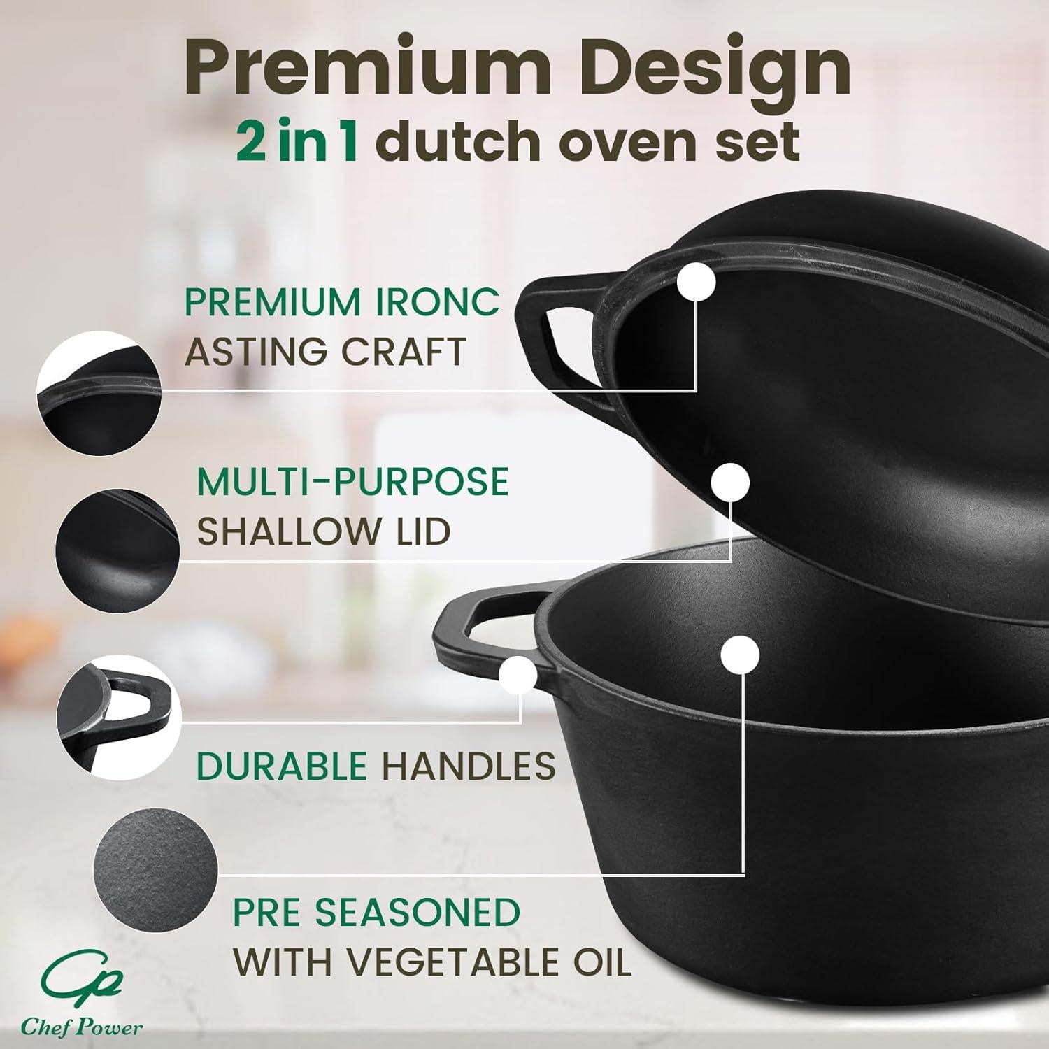 Olla de Hierro Fundido Chef Power 5QT 2 en 1 con Tapa