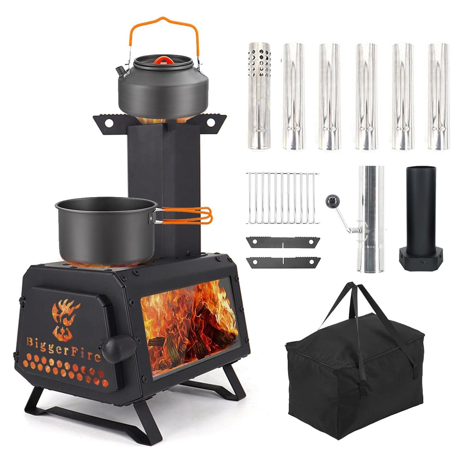Estufa de leña portátil LEMVUZ para camping con chimenea 7 tubos