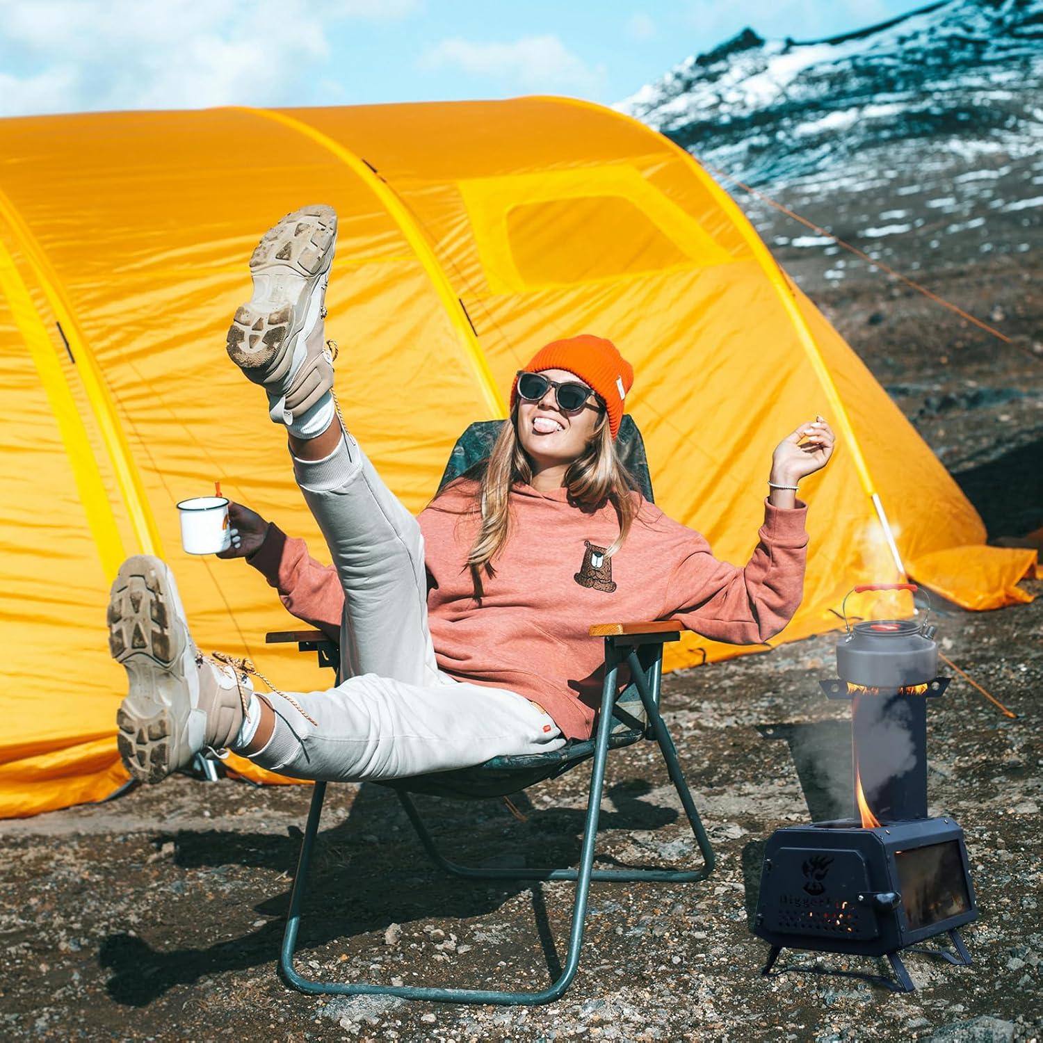 Estufa de leña portátil LEMVUZ para camping con chimenea 7 tubos