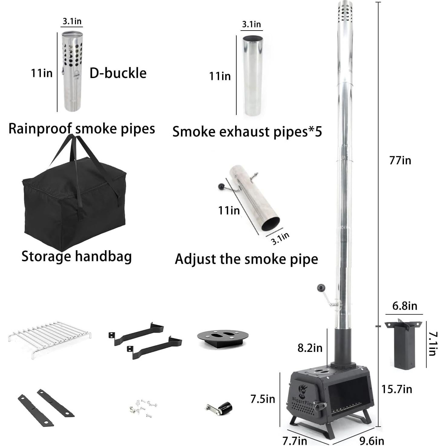 Estufa de leña portátil LEMVUZ para camping con chimenea 7 tubos